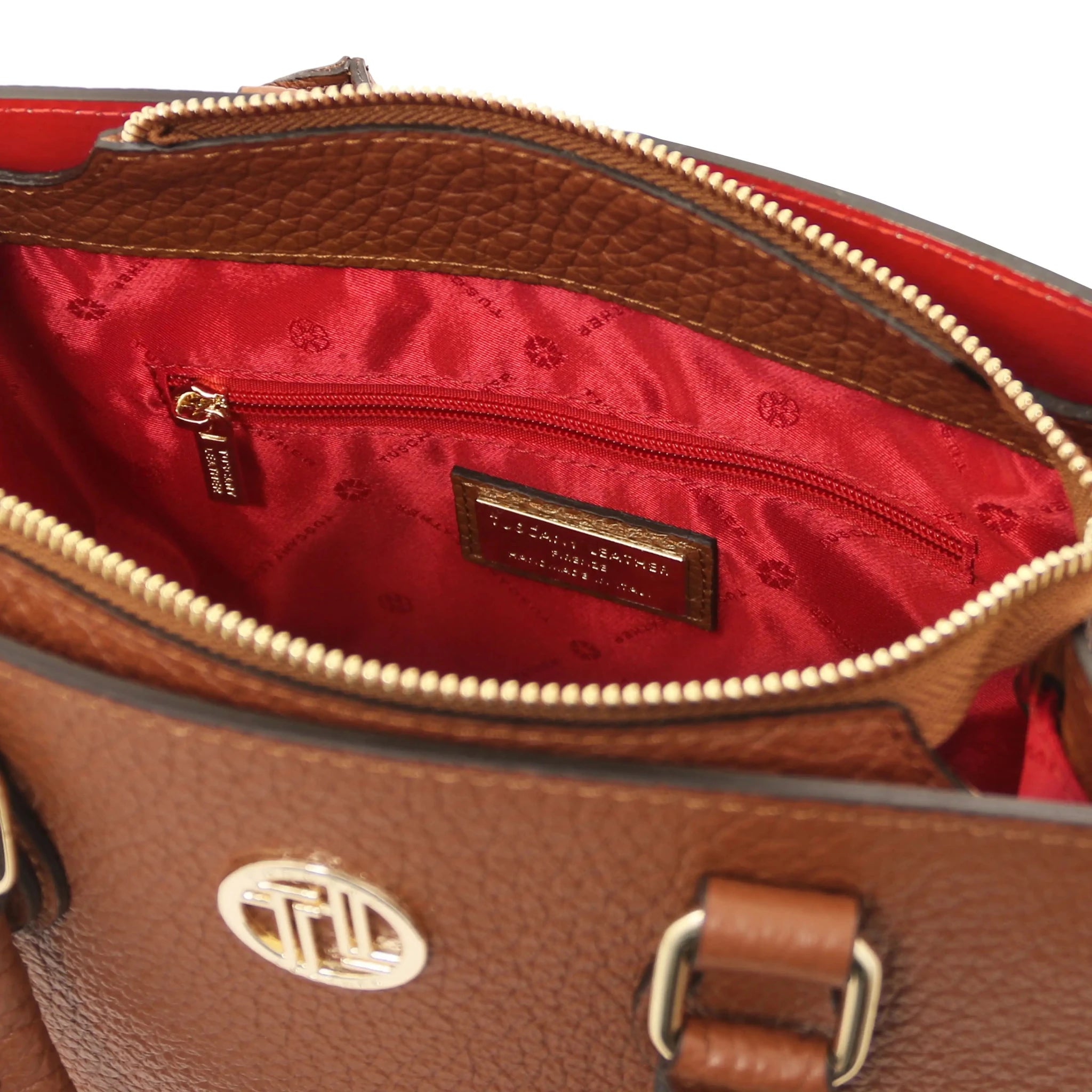 Interior zip pocket red lining view Croque Italian Pebbled Leather Handbag in cognac