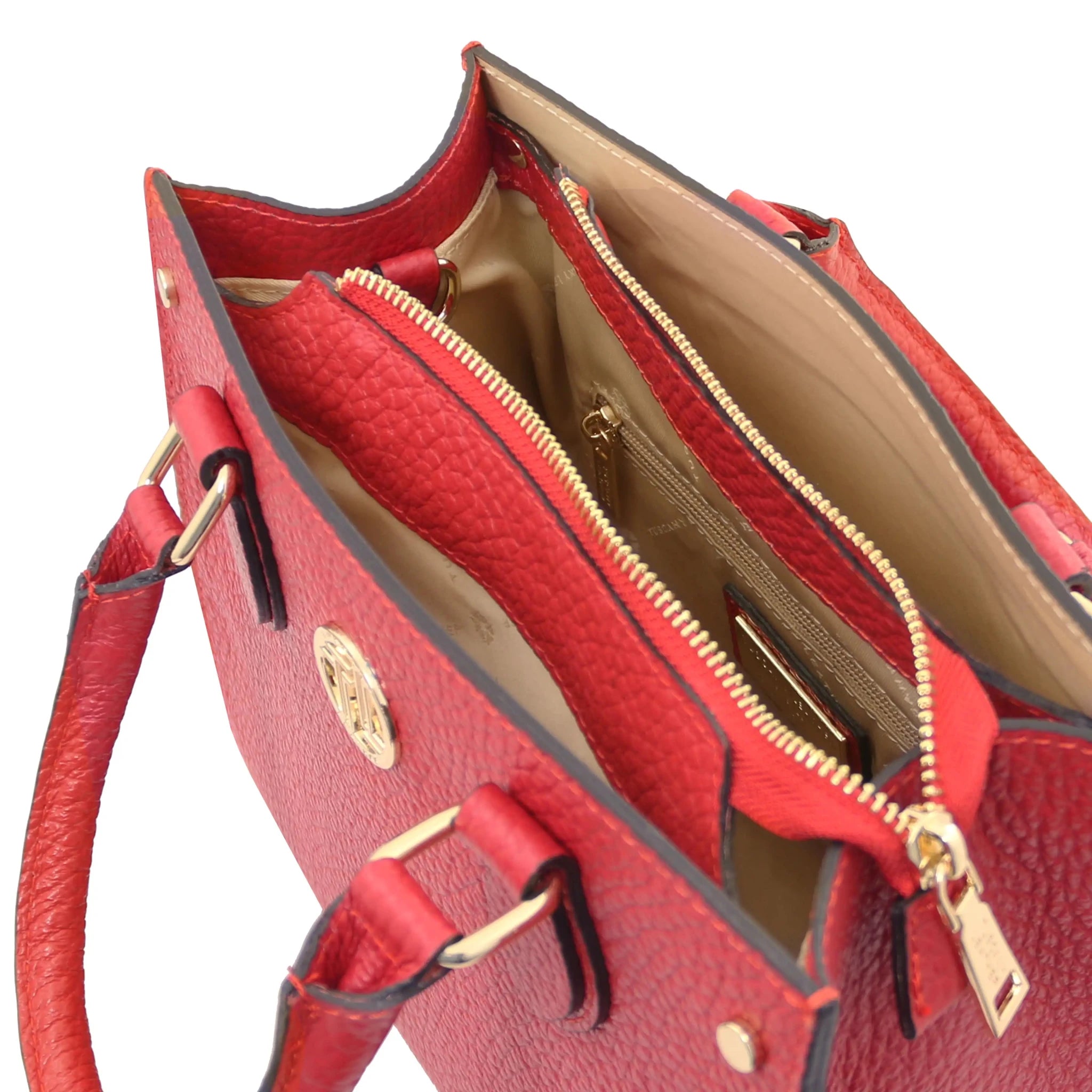 Interior three compartment view Croque Italian Pebbled Leather Handbag in lipstick red