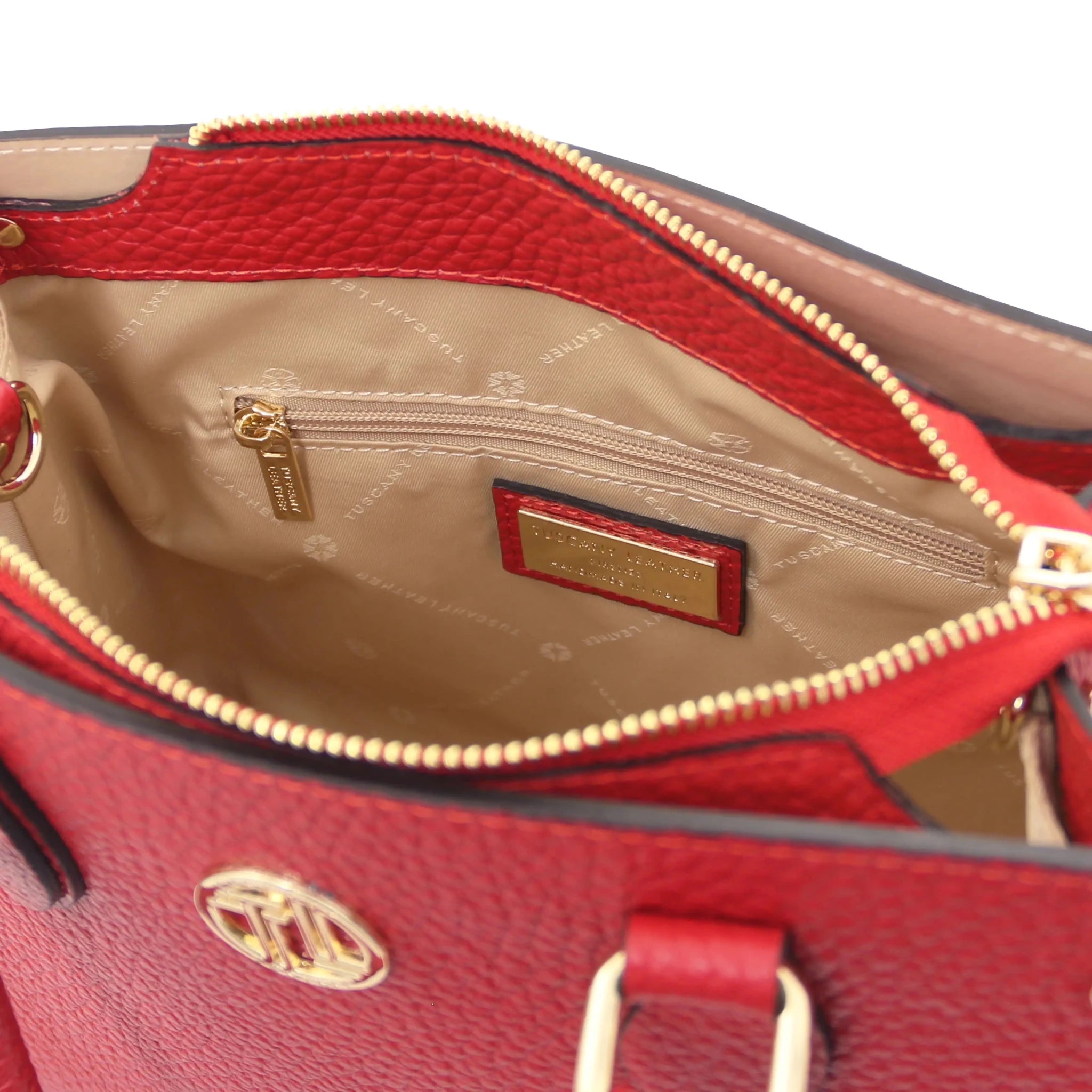 Interior zip pocket beige lining view Croque Italian Pebbled Leather Handbag in lipstick red