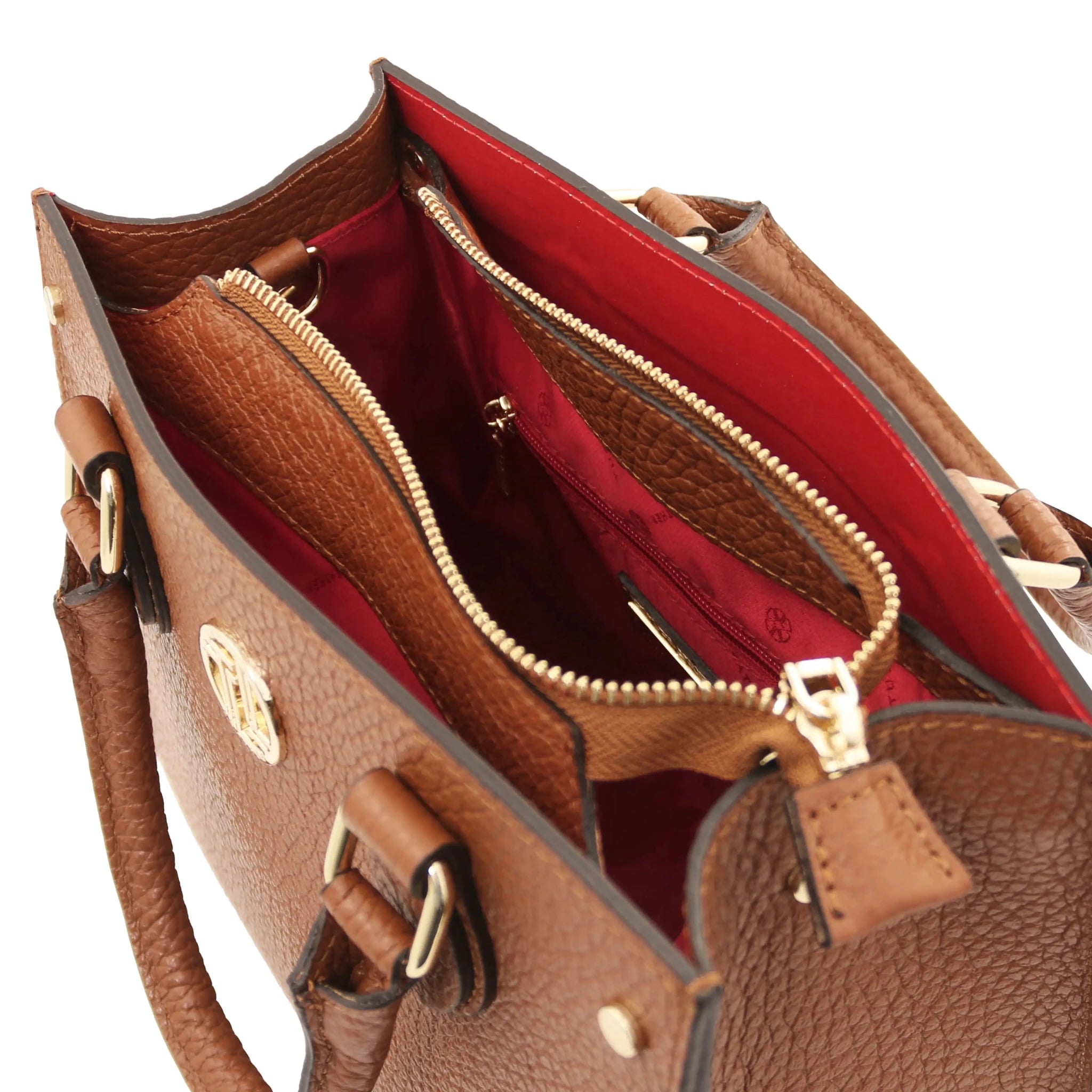Interior three compartment view Croque Italian Pebbled Leather Handbag in cognac