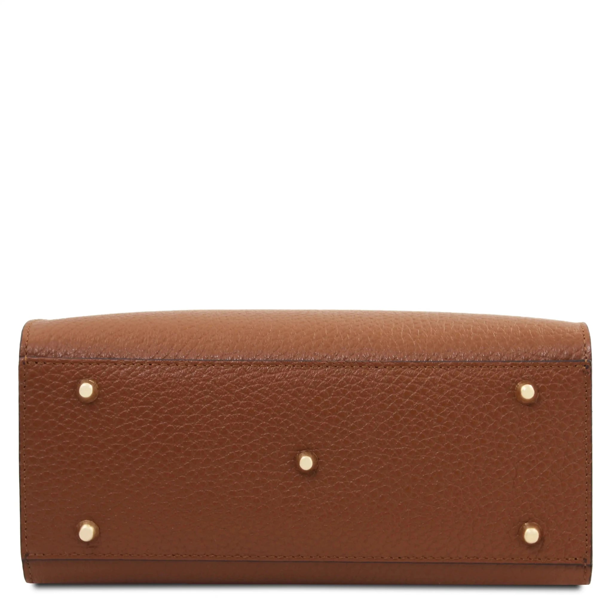 Bottom view Croque Italian Pebbled Leather Handbag in cognac