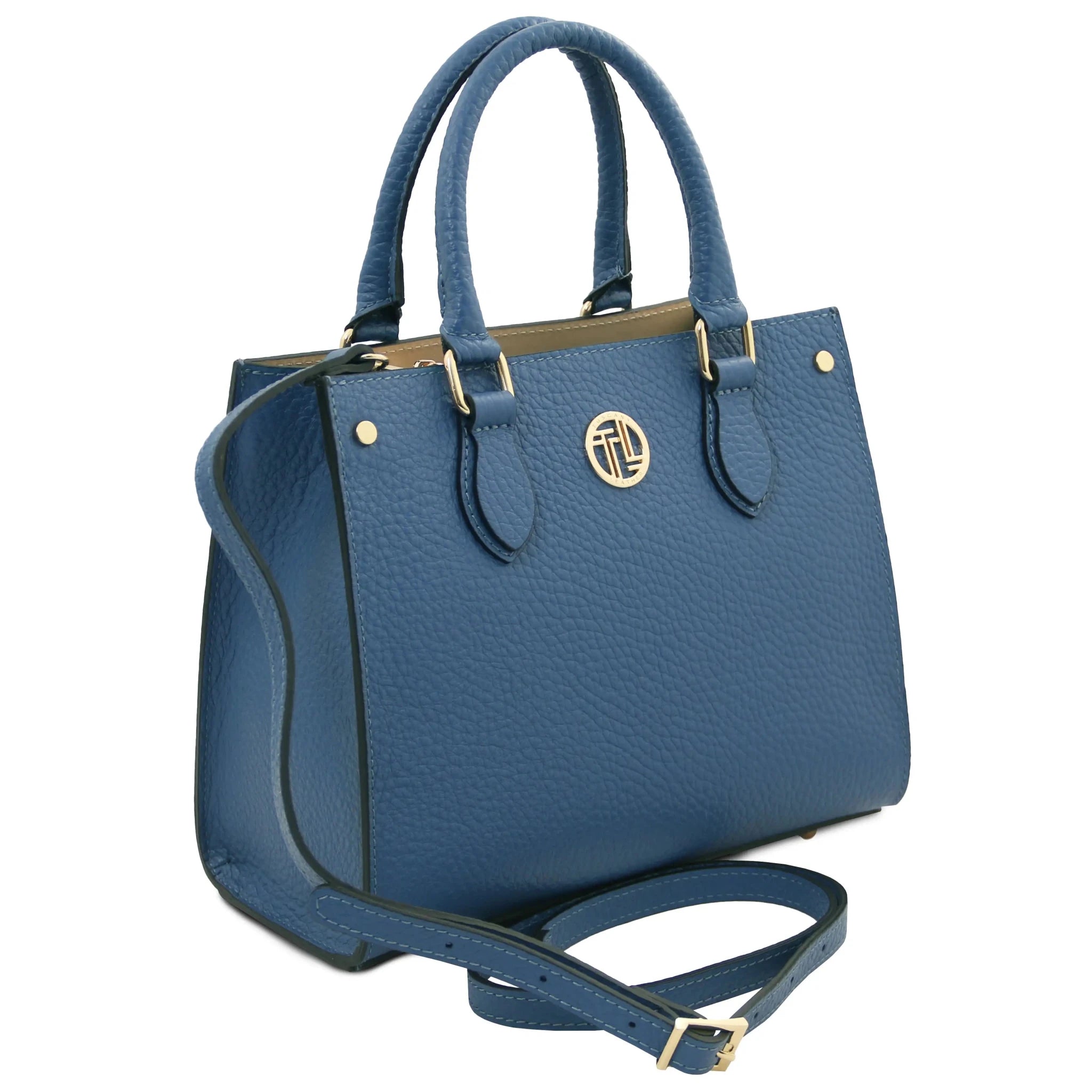 Front angled view Croque Italian Pebbled Leather Handbag in denim with shoulder strap