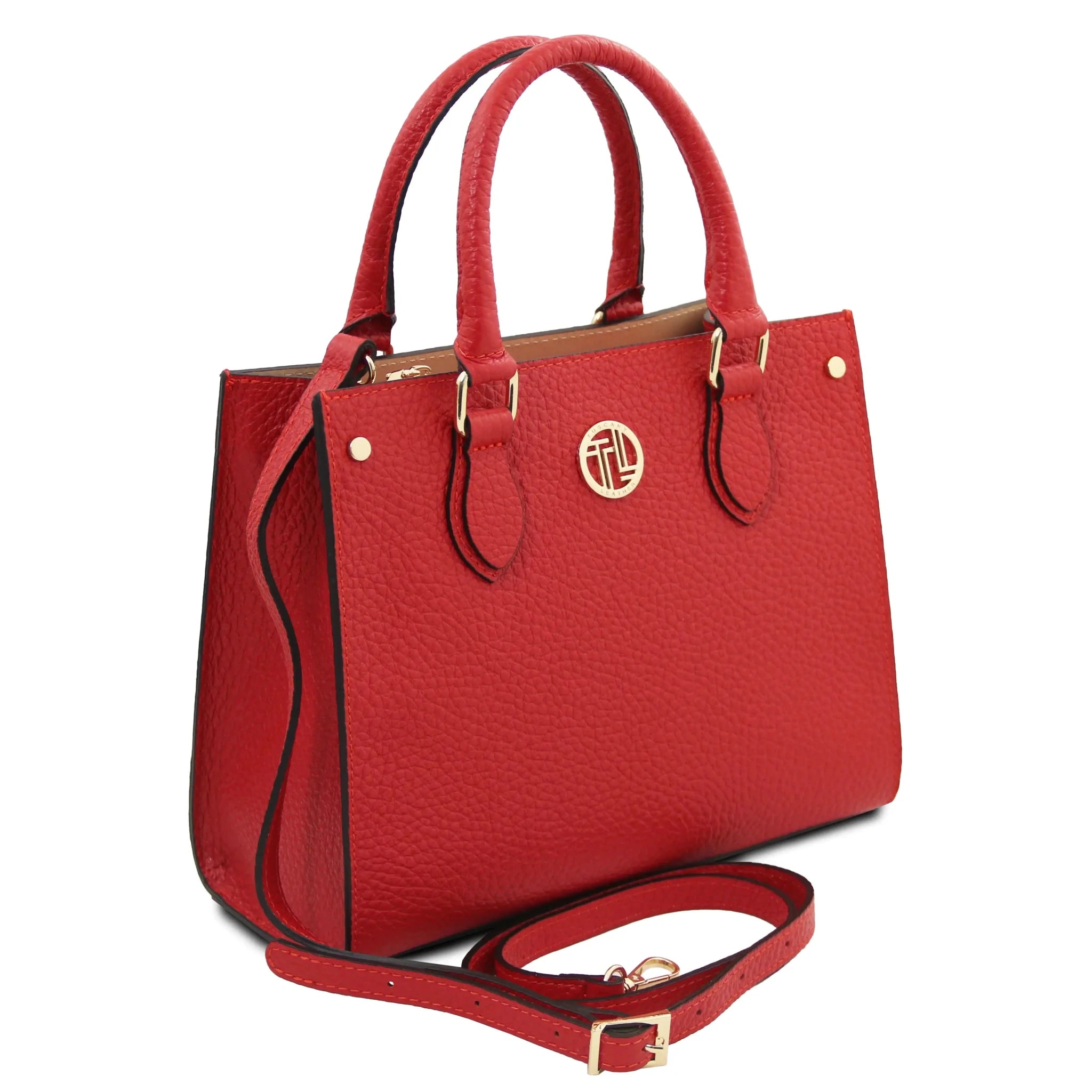 Front angled view Croque Italian Pebbled Leather Handbag in lipstick red with shoulder strap