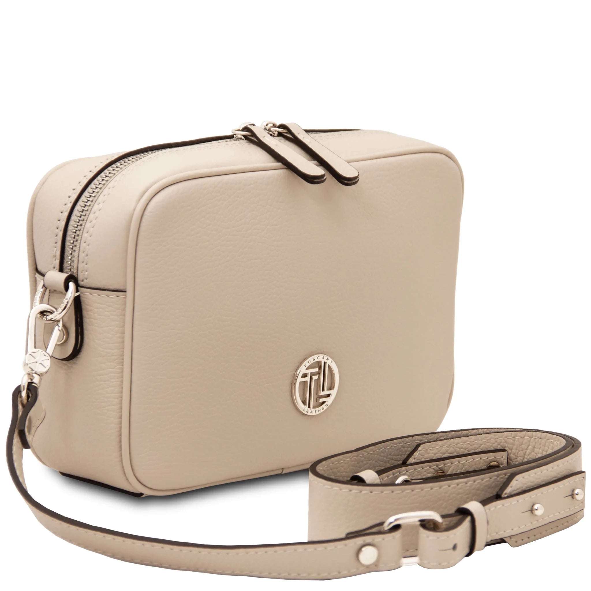 Angled front view Cubetto Italian Leather Shoulder Bag in Beige with shoulder strap