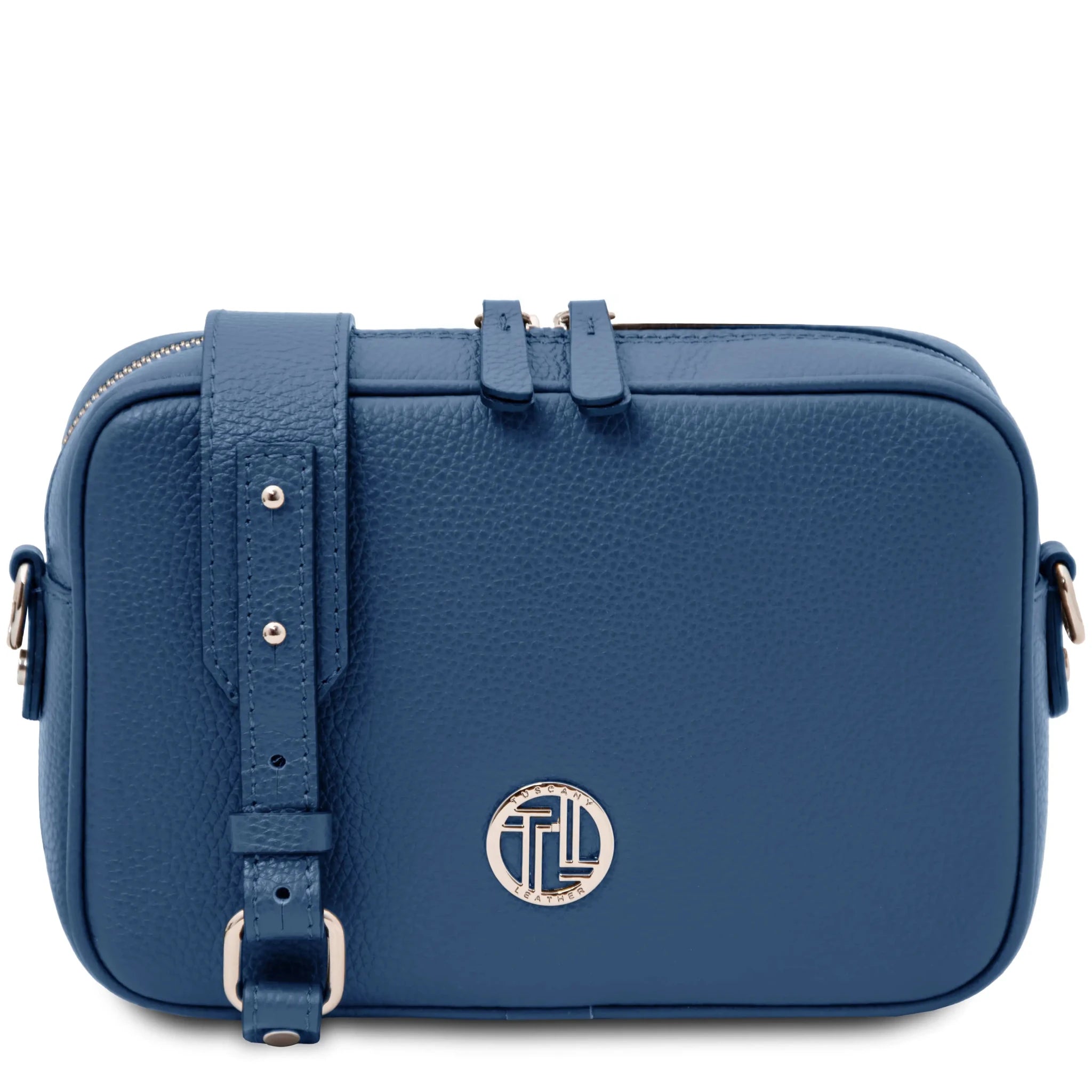 Front view Cubetto Italian Leather Shoulder Bag in Denim with Tl logo
