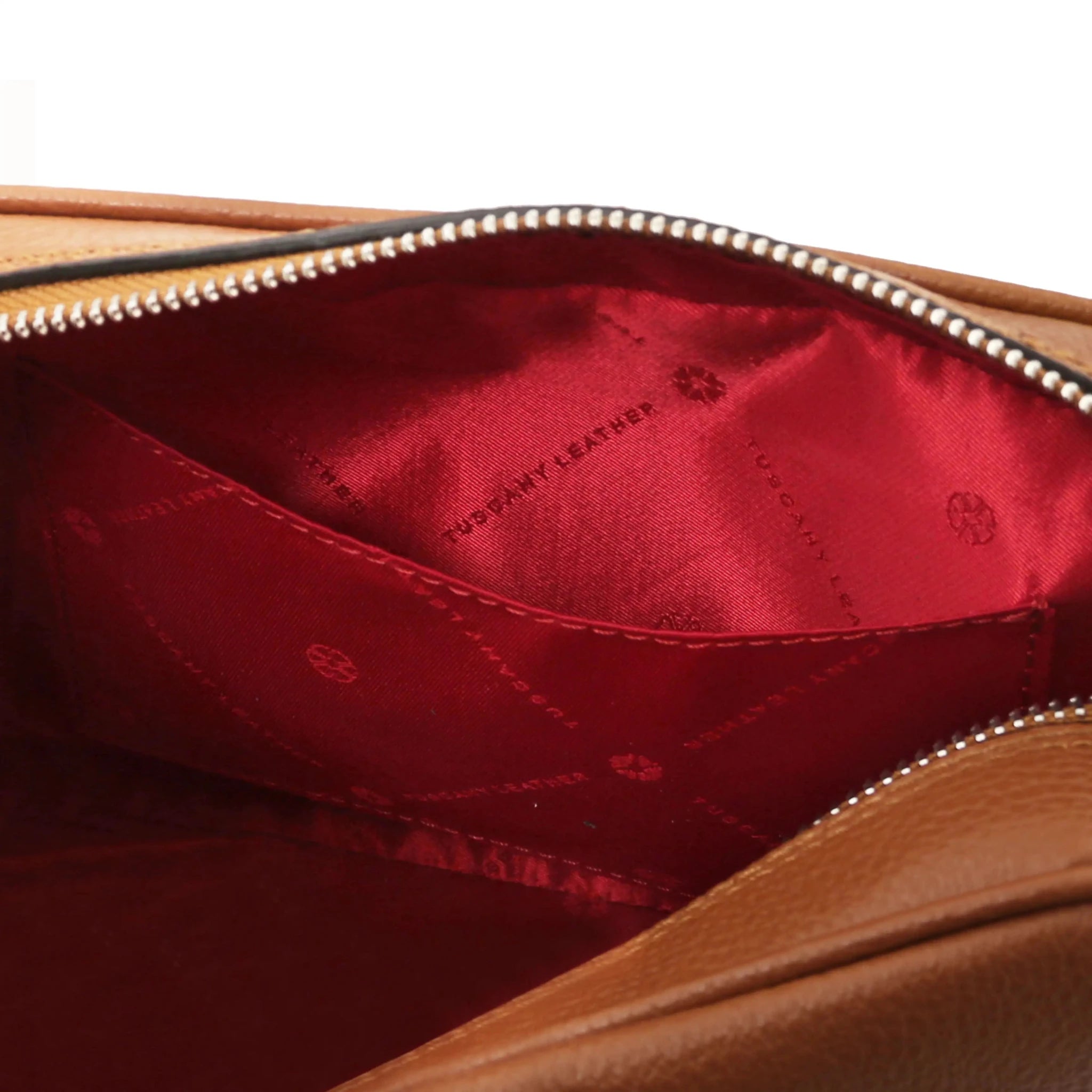 Interior open pockets view cognac Cubetto Leather Shoulder Bag with red interior