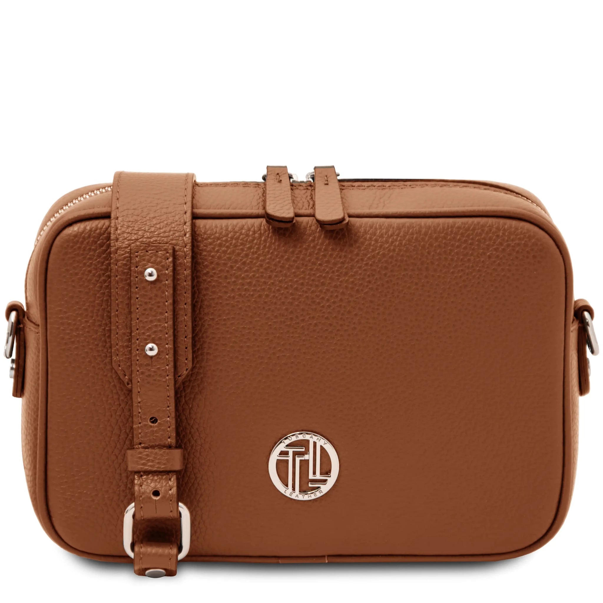 Front view Cubetto Italian Leather Shoulder Bag in Cognac with Tl logo