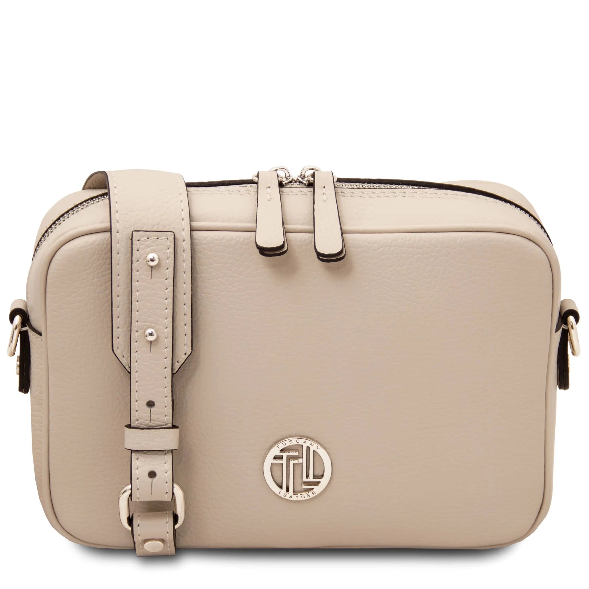 Front view Cubetto Italian Leather Shoulder Bag in beige with Tl logo