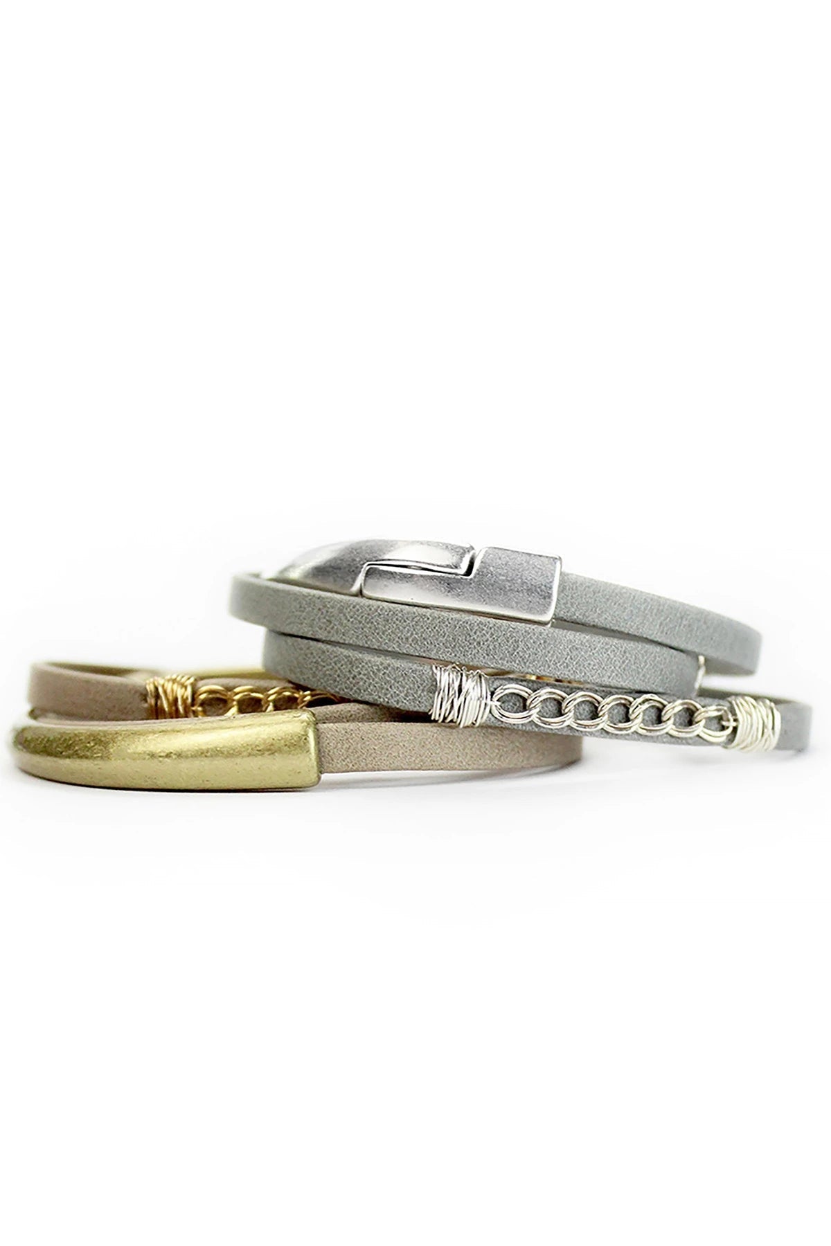 Curb Leather Triple Wrap Magnetic Bracelets in gold and silver on white
