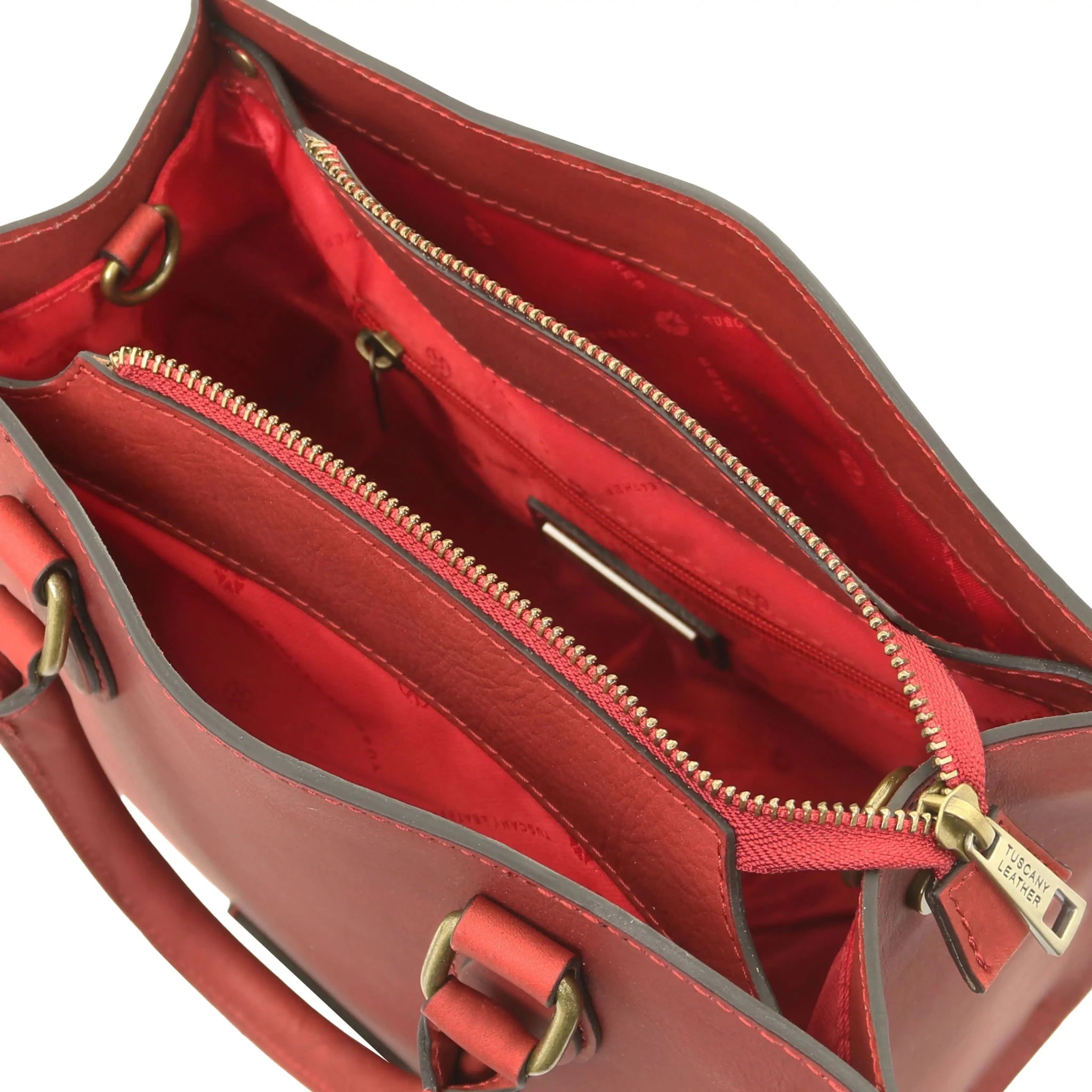 Interior open pocket red lining view Dama Leather Handbag in red