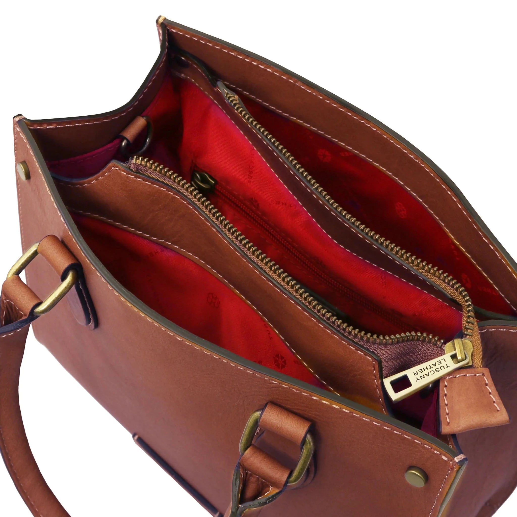 Interior red lining view Dama Leather Handbag in brown