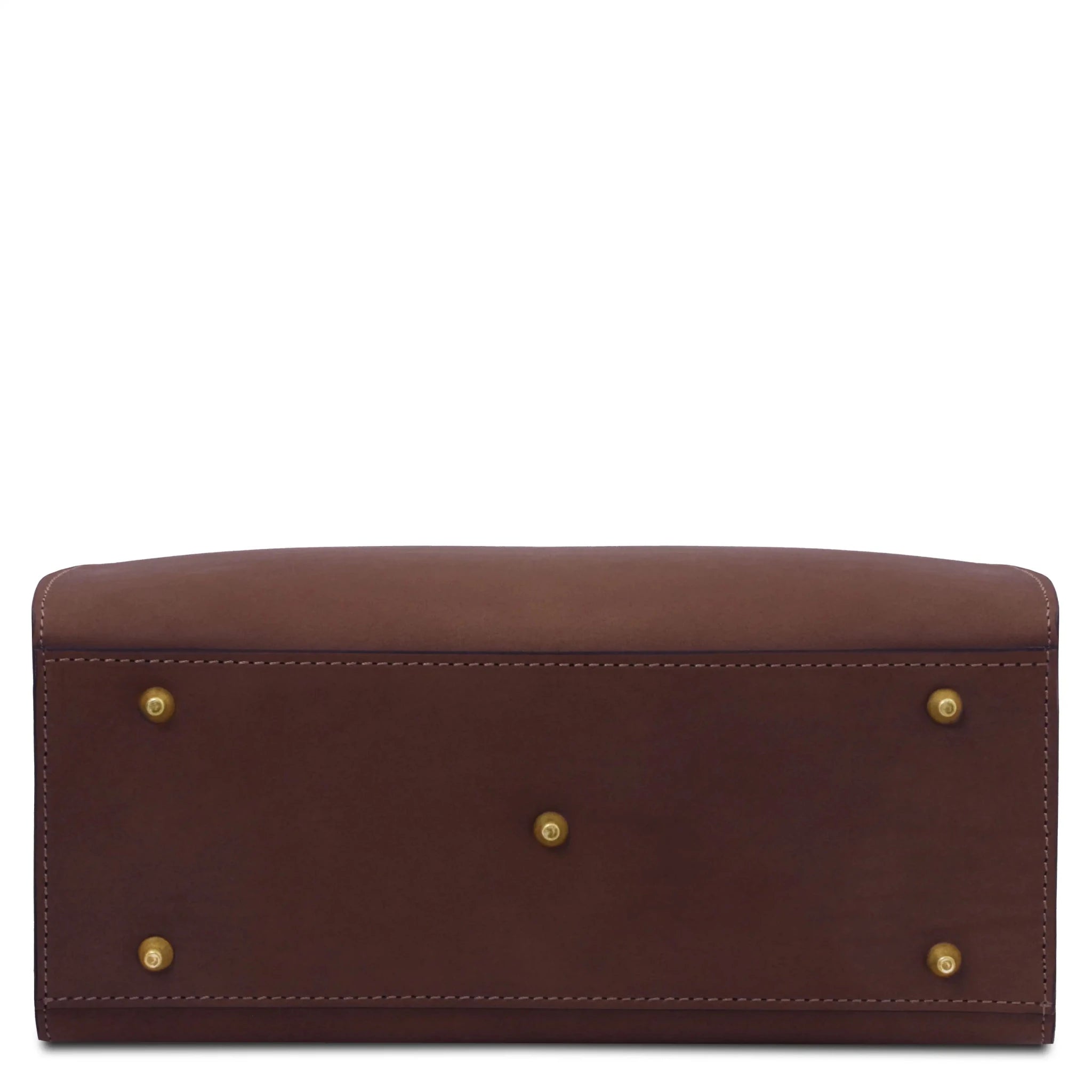 Bottom view Dama Leather Handbag in dark brown with gold protective feet