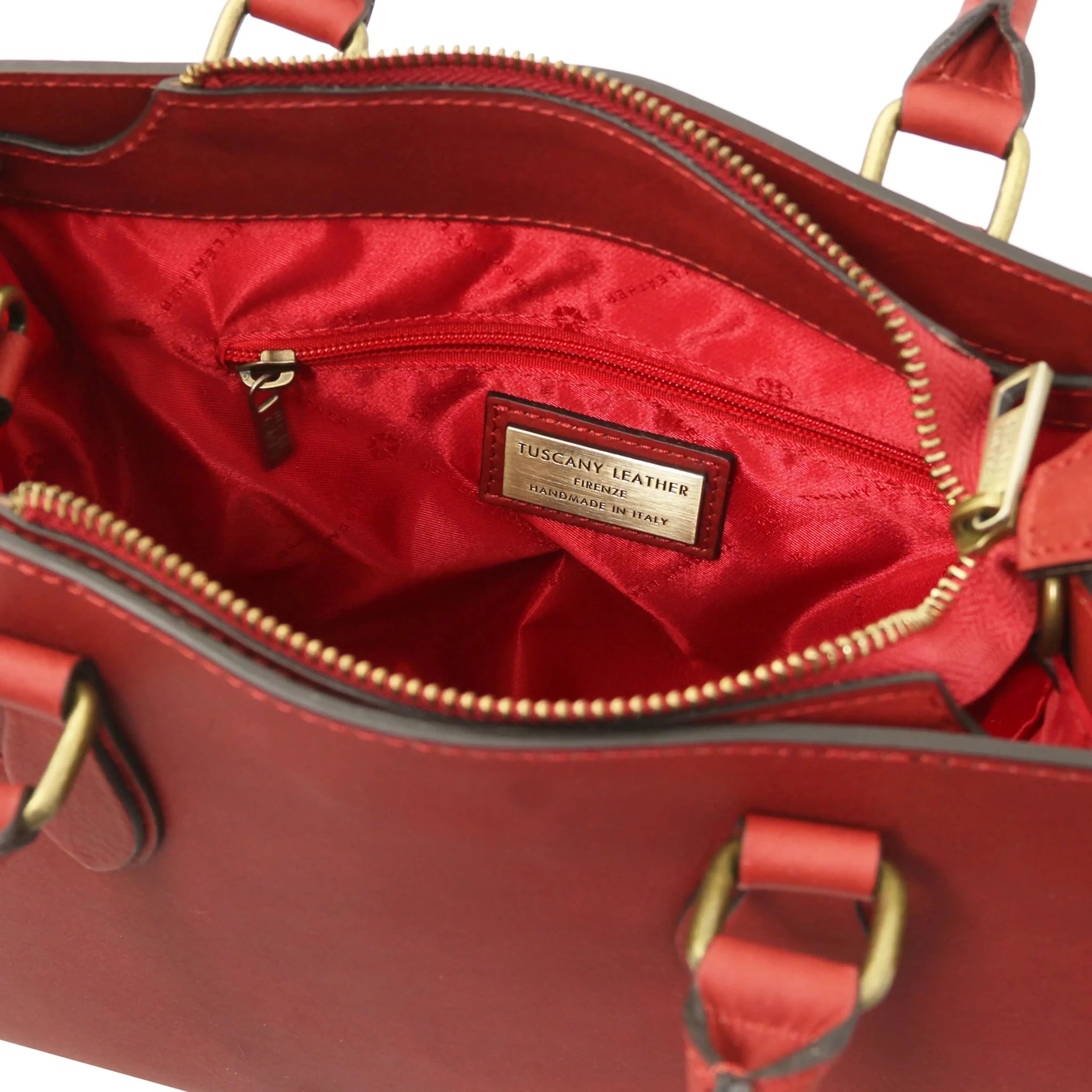 Interior zip pocket red lining view Dama Textured Italian Leather Handbag in red