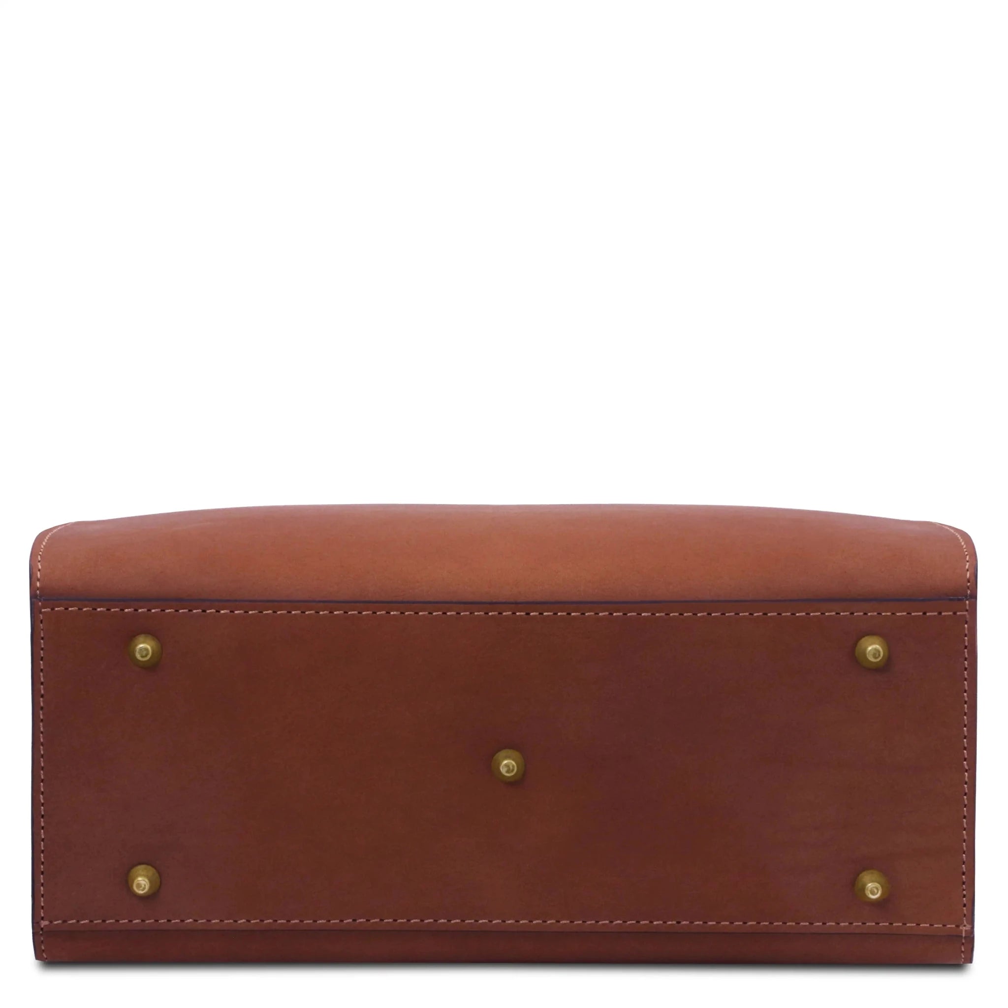 Bottom view Dama Leather Handbag in brown with gold protective feet