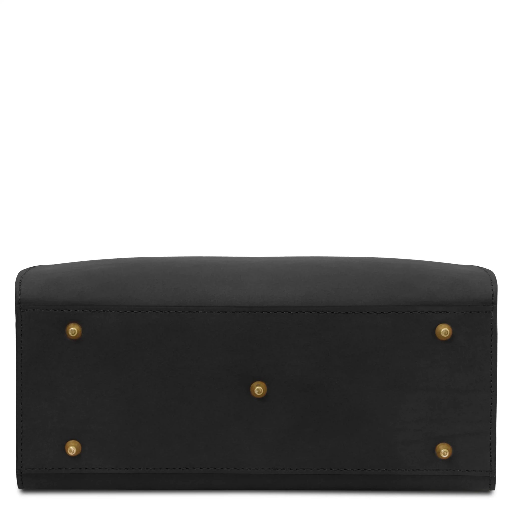 Bottom view Dama Leather Handbag in black with gold protective feet