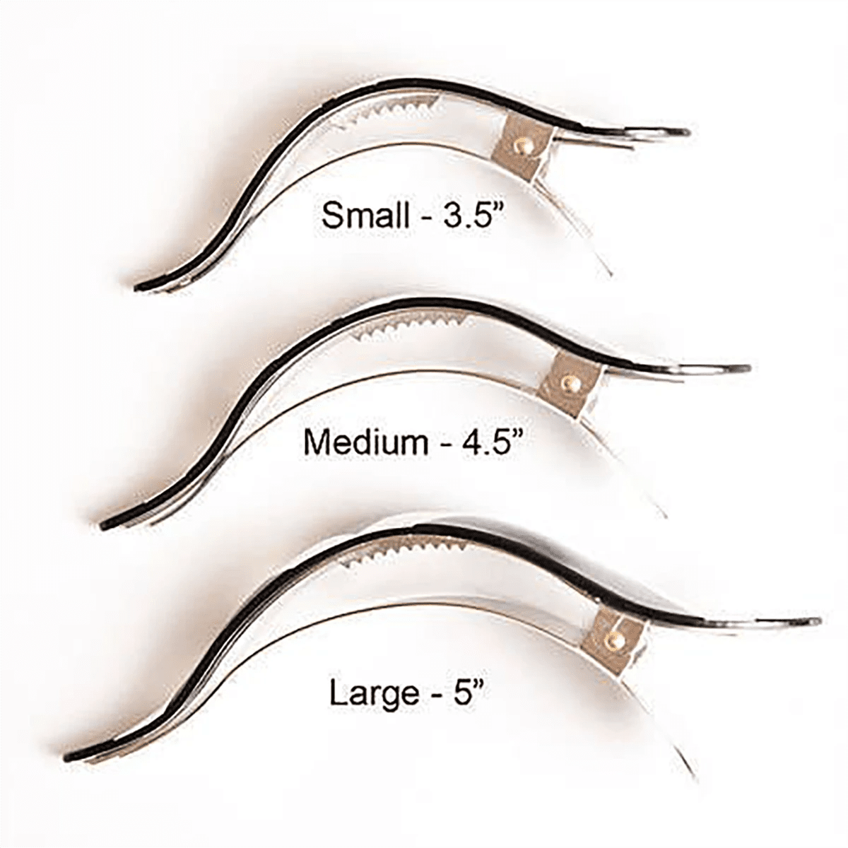 Three sizes of hair clips with measurements on a white background