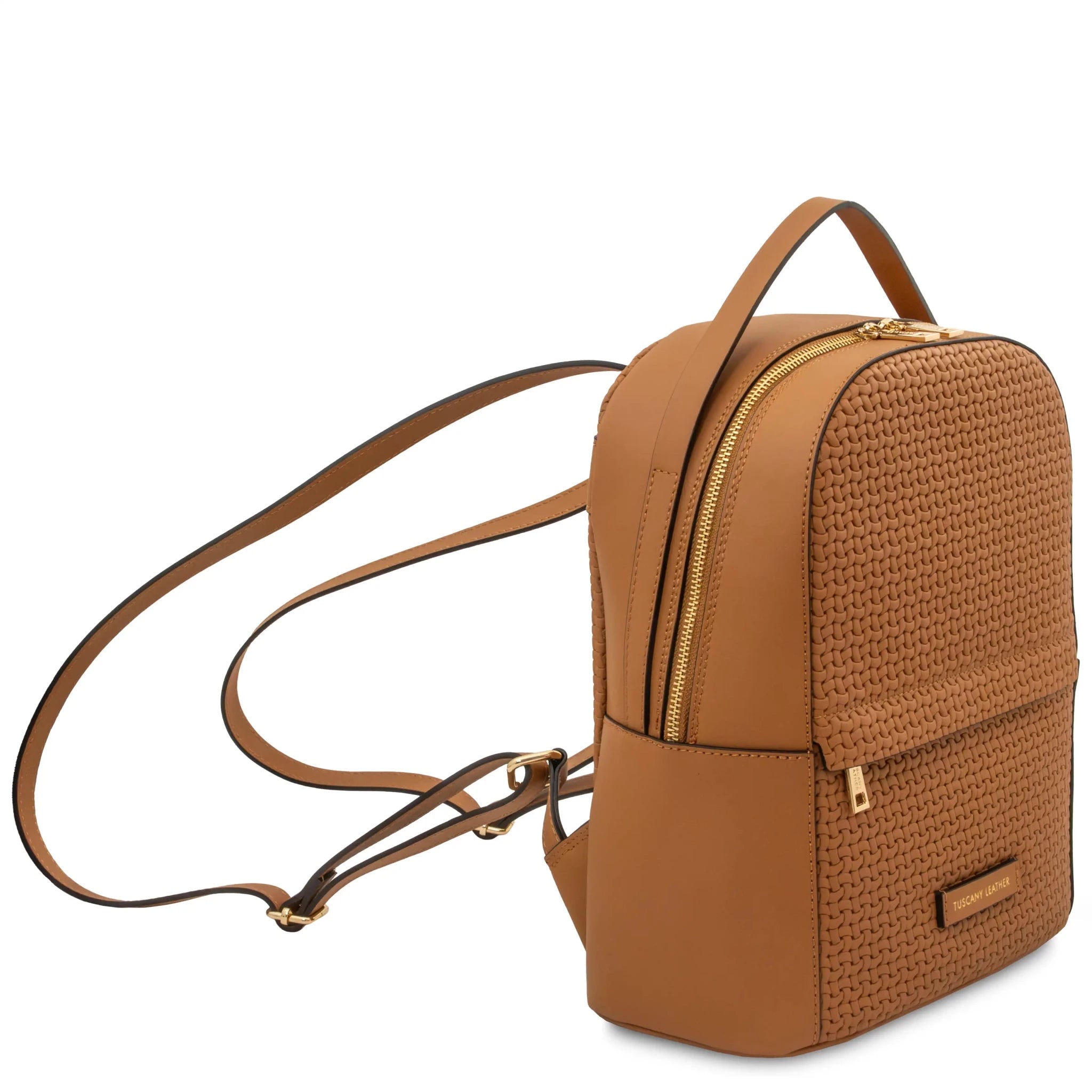 Front side angled shoulder strap view Dedalo Leather Backpack in cognac