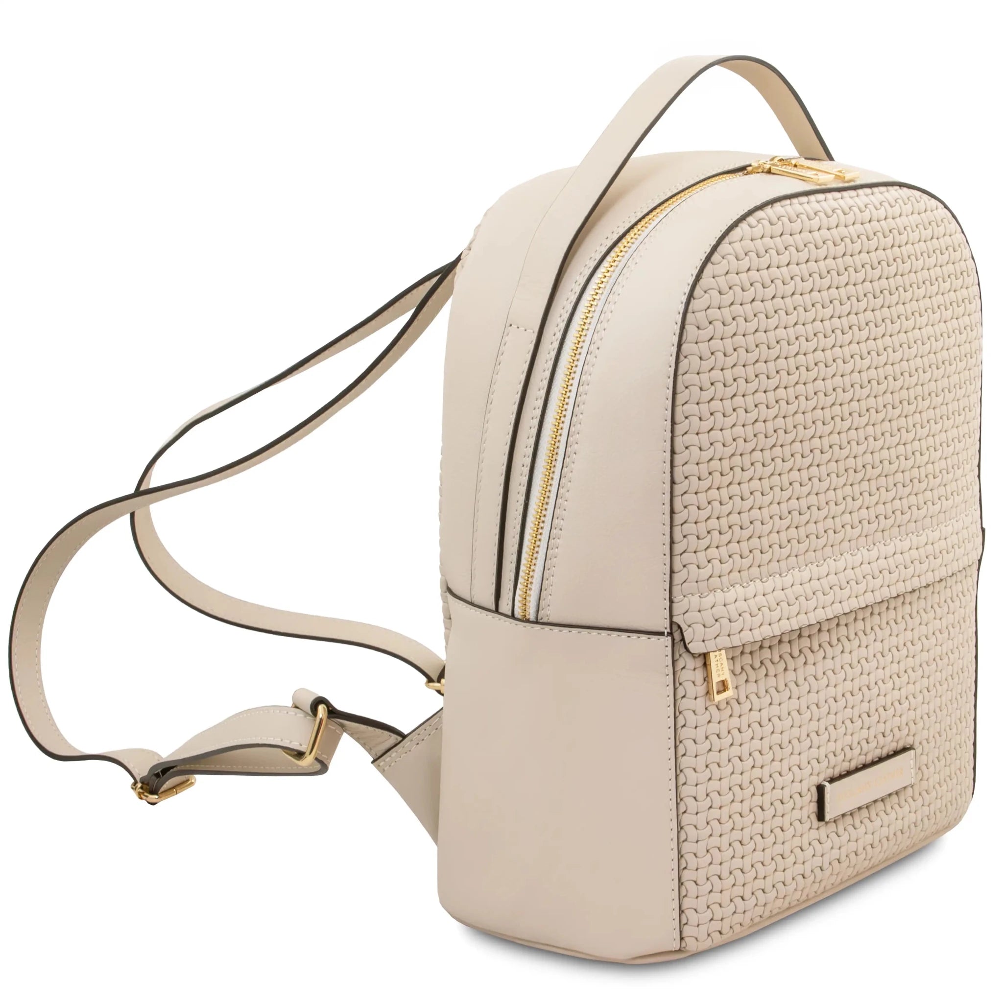 Front side angled shoulder strap view Dedalo Leather Backpack in beige