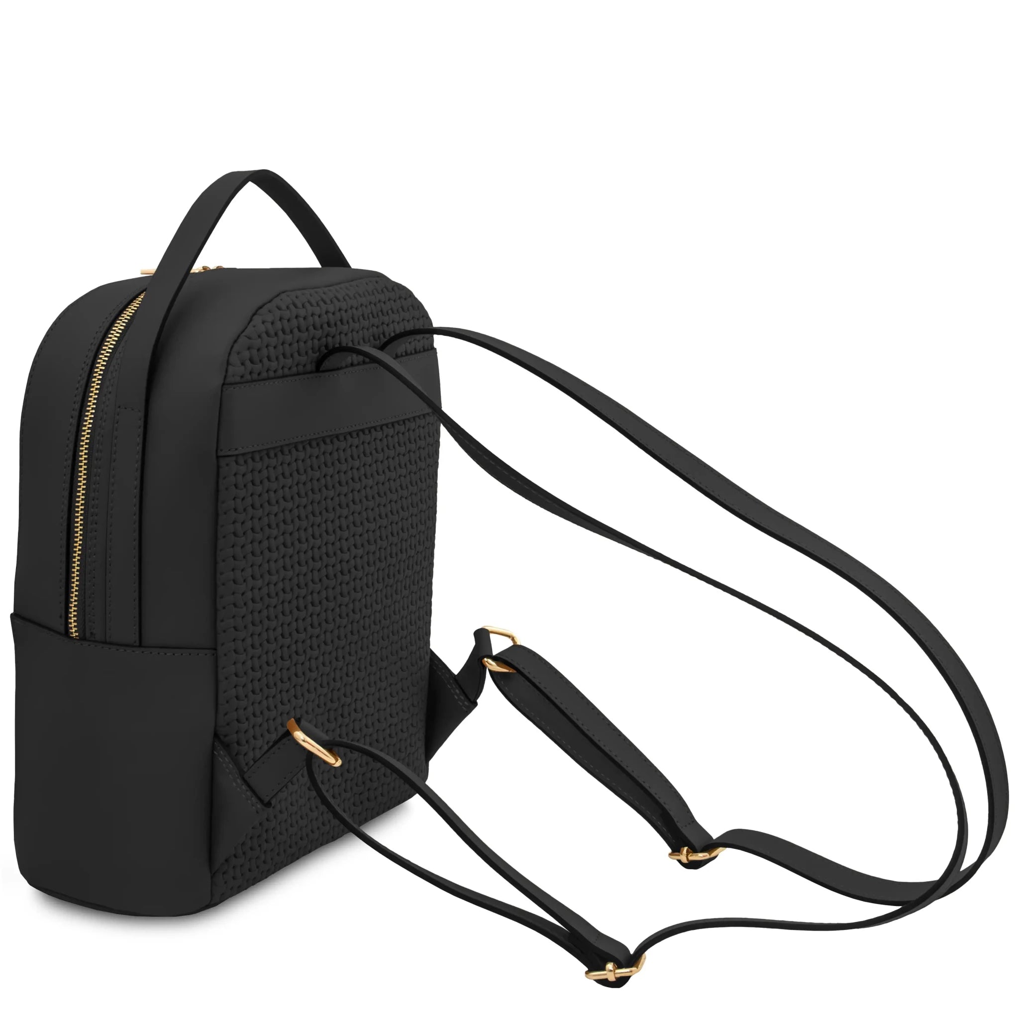 Back shoulder strap view Dedalo Woven Printed Italian Leather Backpack in black