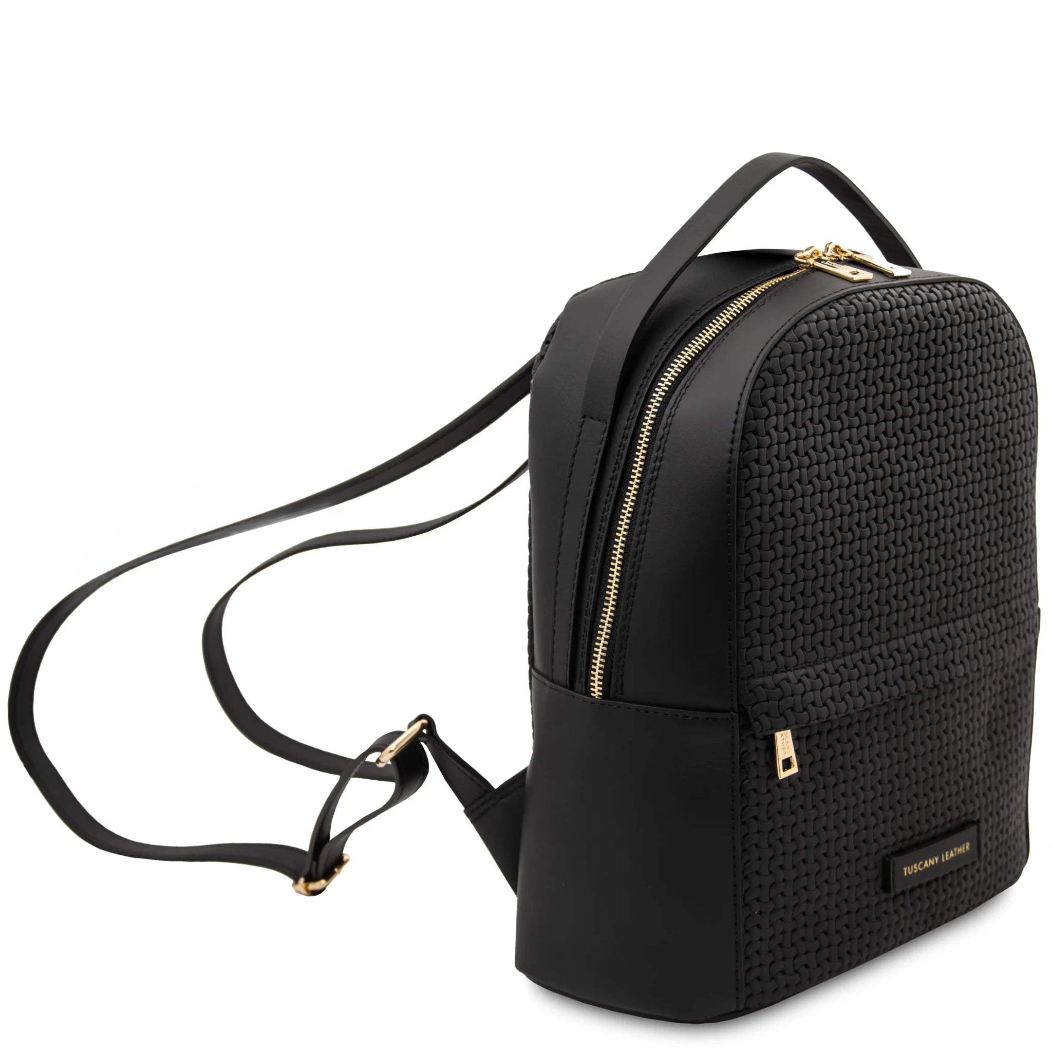 Front side angled shoulder strap view Dedalo Italian Leather Backpack in black