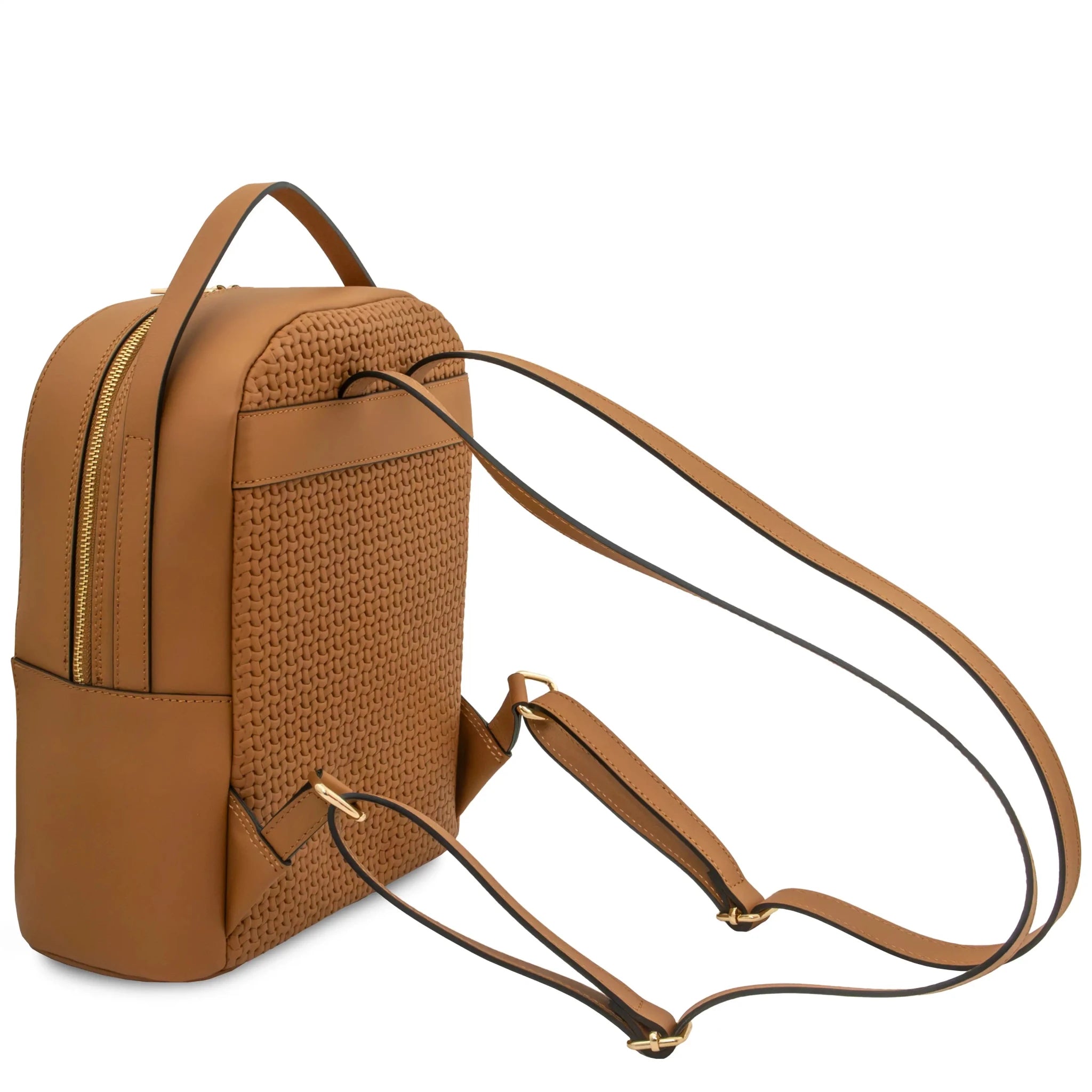 Back shoulder strap view Dedalo Woven Printed Italian Leather Backpack in cognac