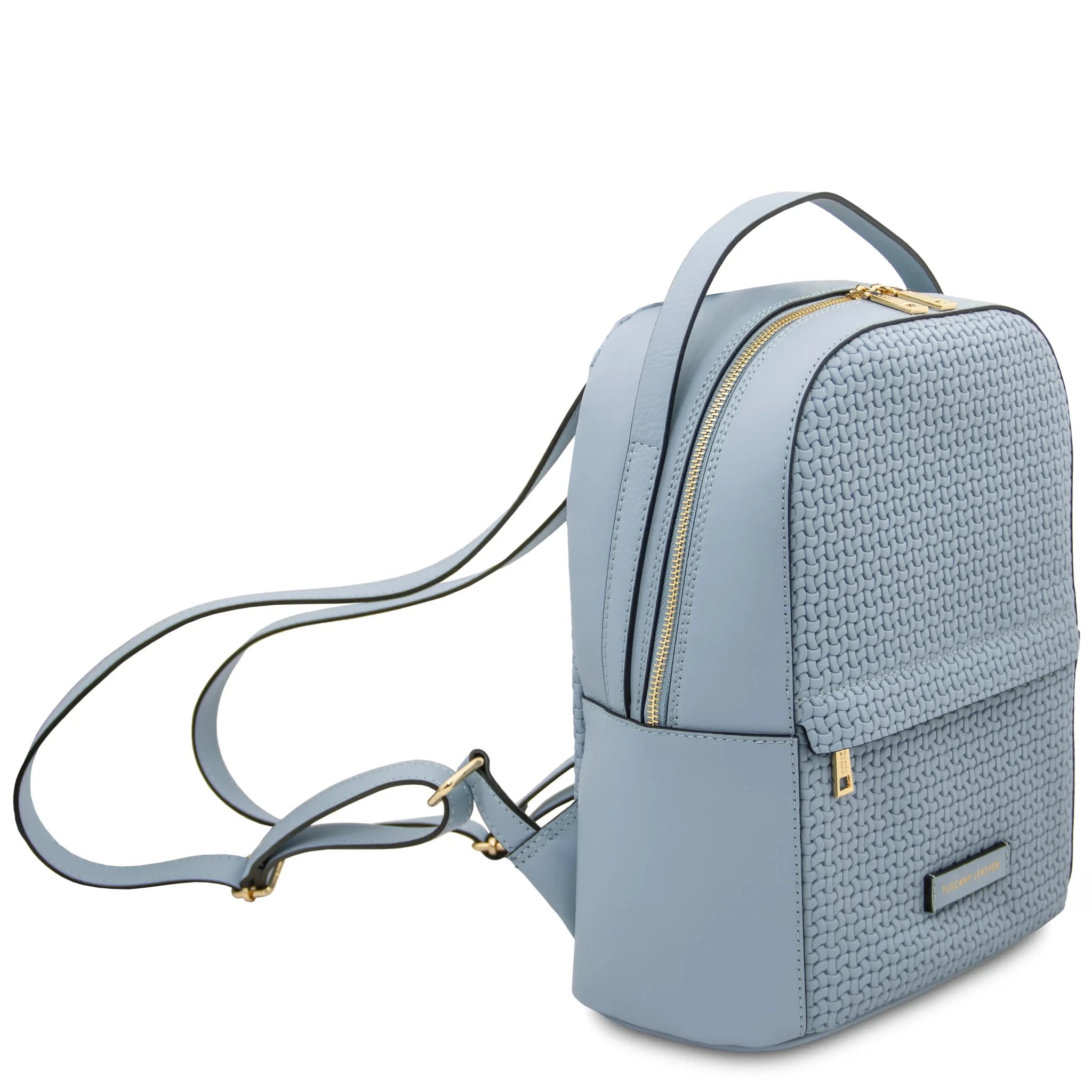 Front side angled shoulder strap view Dedalo Leather Backpack in light blue