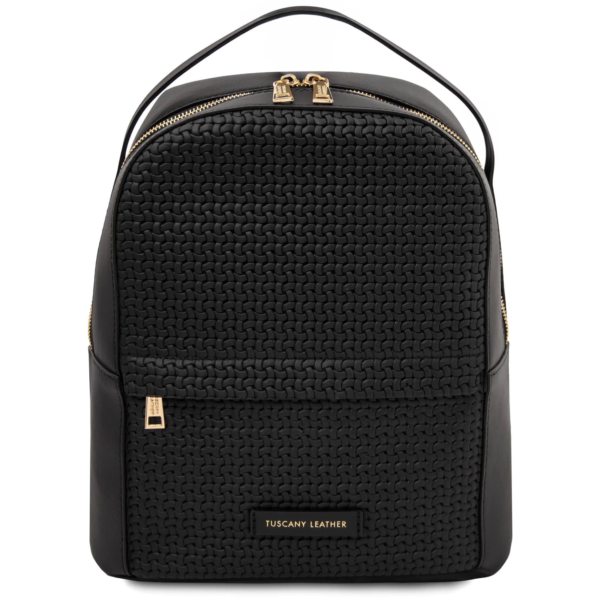 Front view Dedalo Woven Printed Italian Leather Backpack in black