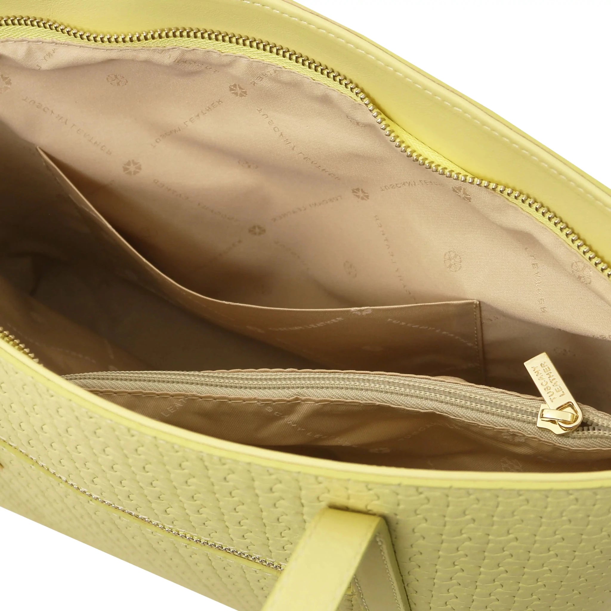 Interior open pocket view Dedalo Woven  Leather Shopping Bag in pastel yellow with beige lining