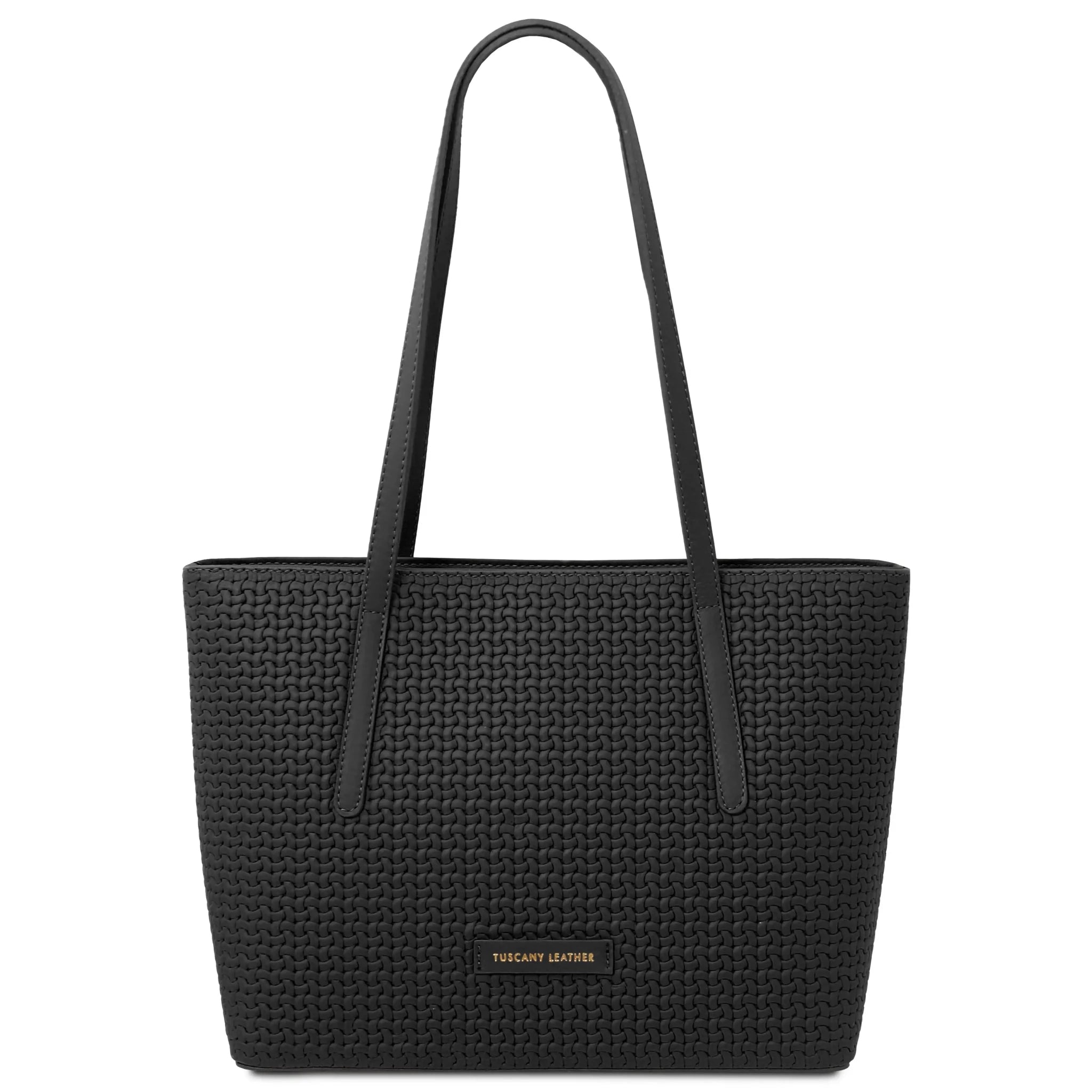 Front view Dedalo Woven  Leather Shopping Bag in black with gold branding