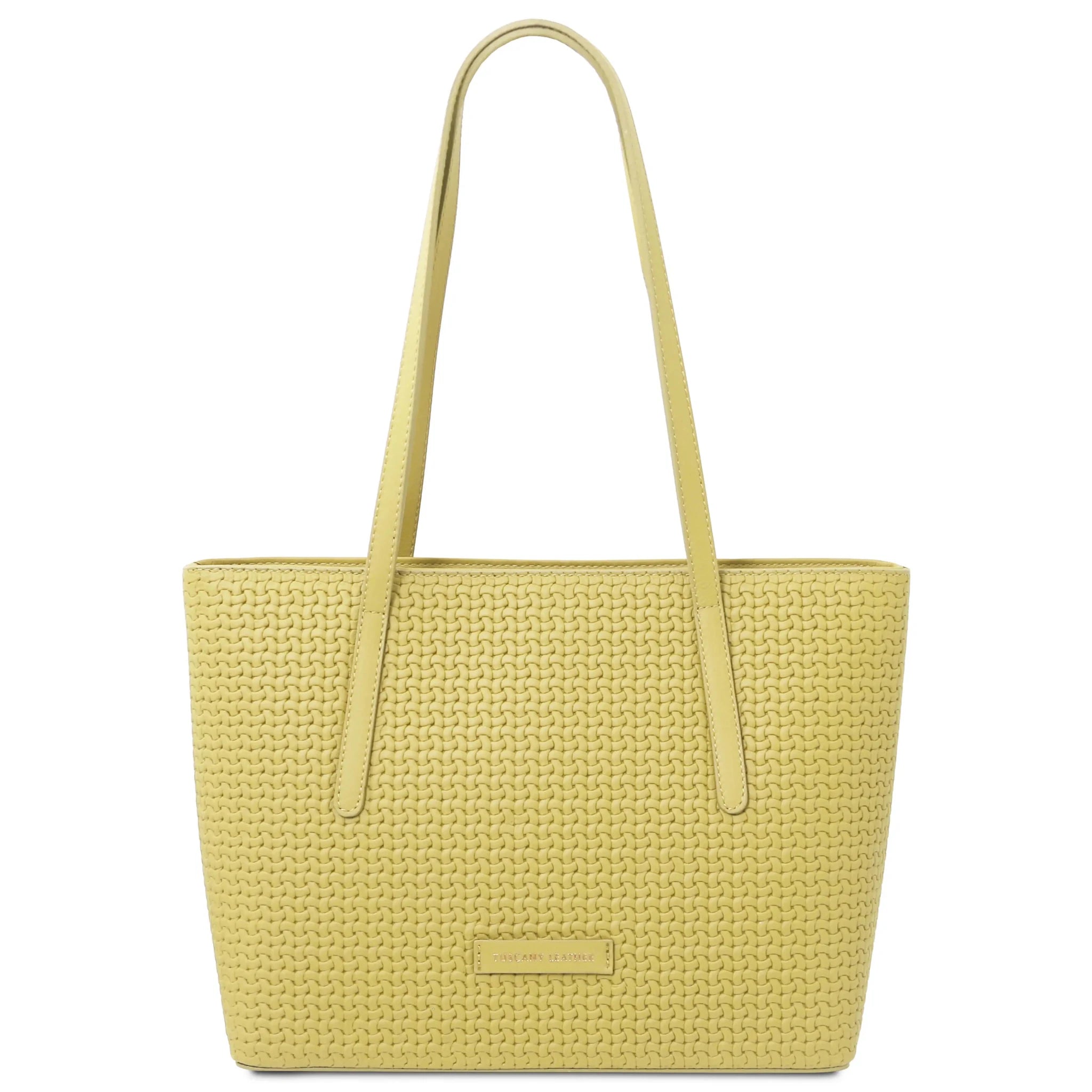 Front view Dedalo Woven  Leather Shopping Bag in pastel yellow with gold branding