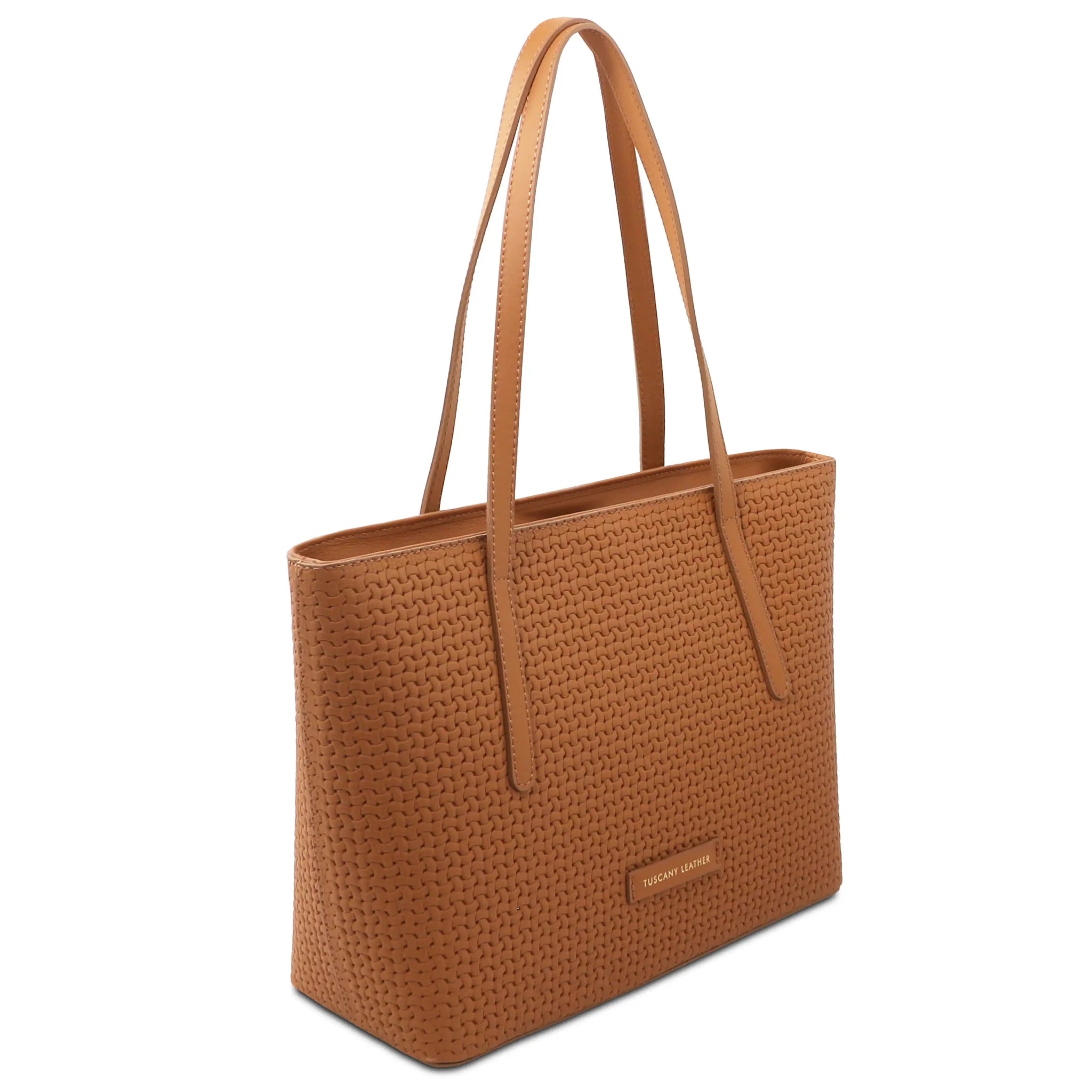 Front angled view Dedalo Woven  Leather Shopping Bag in cognac with gold branding
