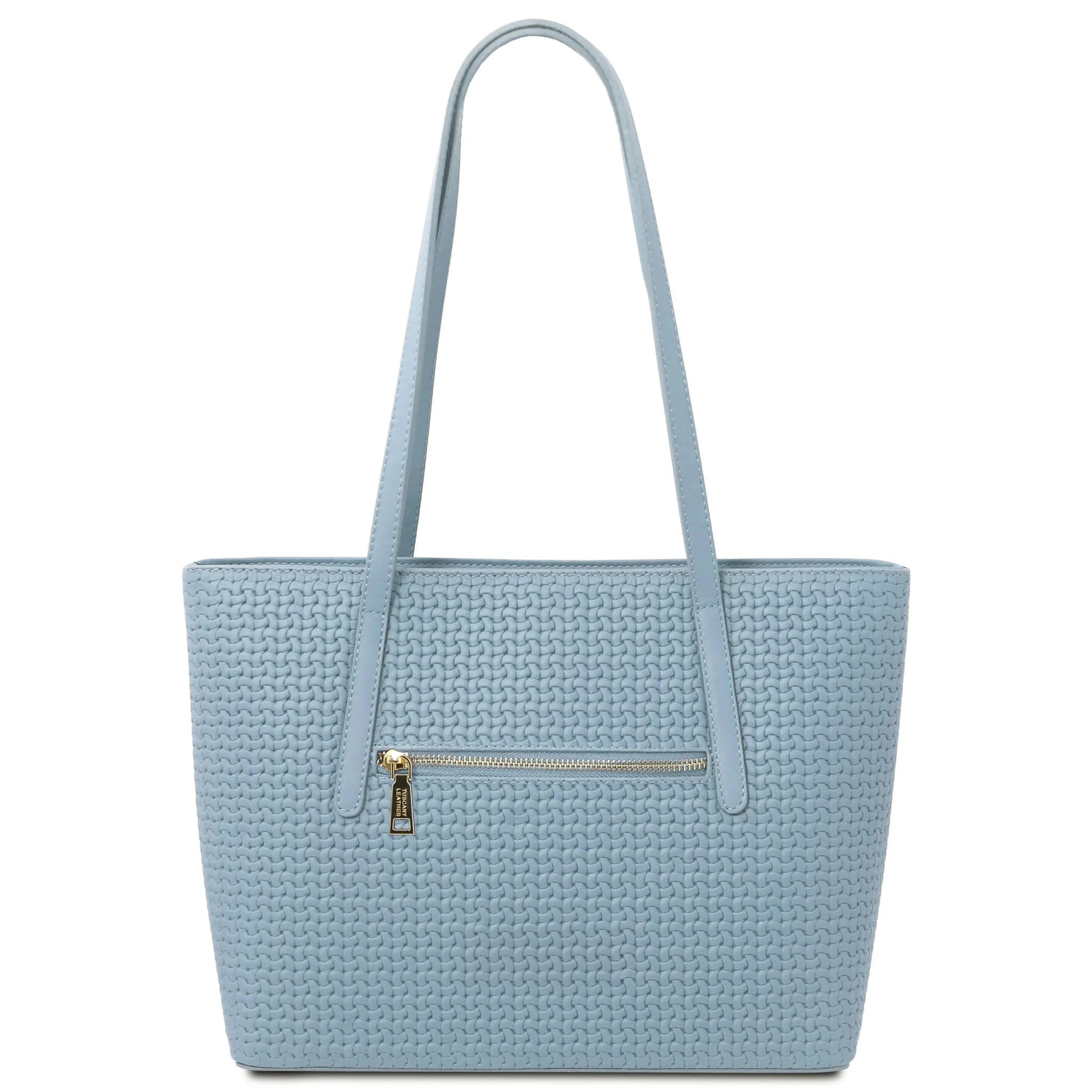 Back view Dedalo Woven  Leather Shopping Bag in light blue with zipper