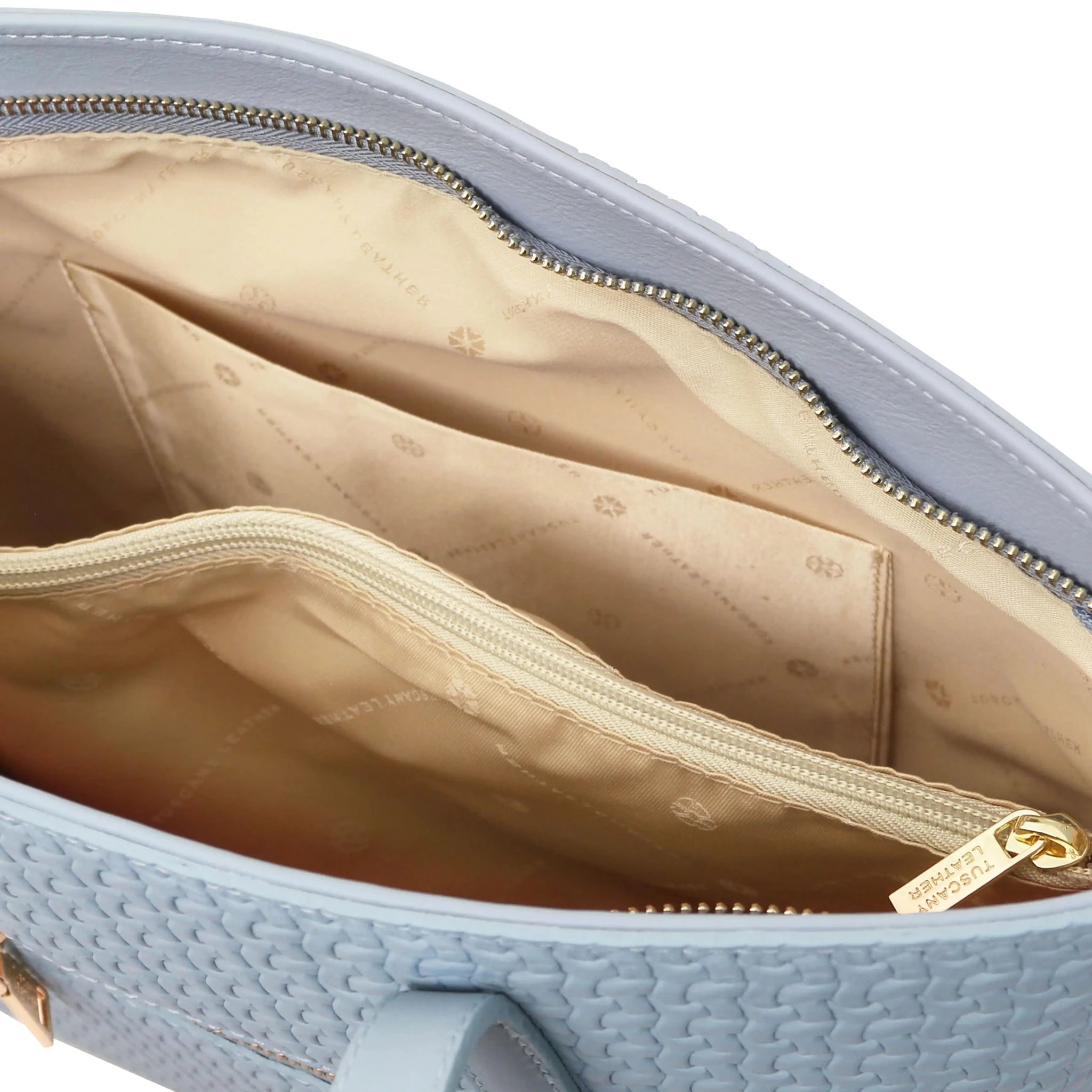 Interior open pocket view Dedalo Woven  Leather Shopping Bag in light blue with beige lining