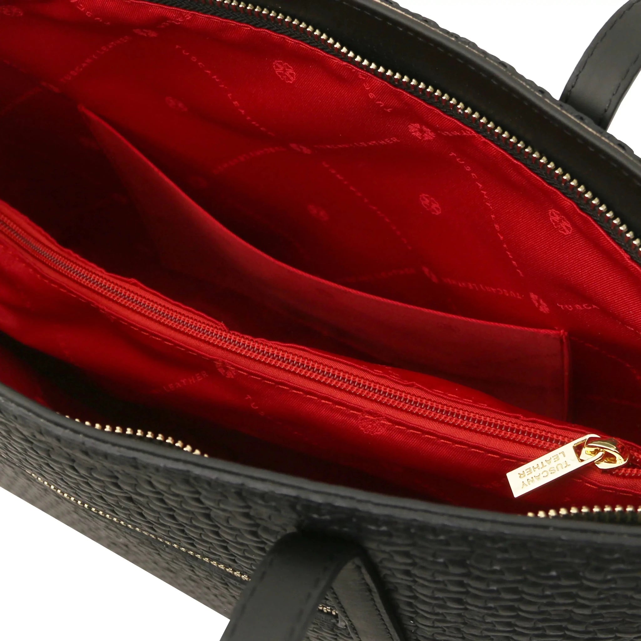 Interior open pocket view Dedalo Woven  Leather Shopping Bag in black with red lining