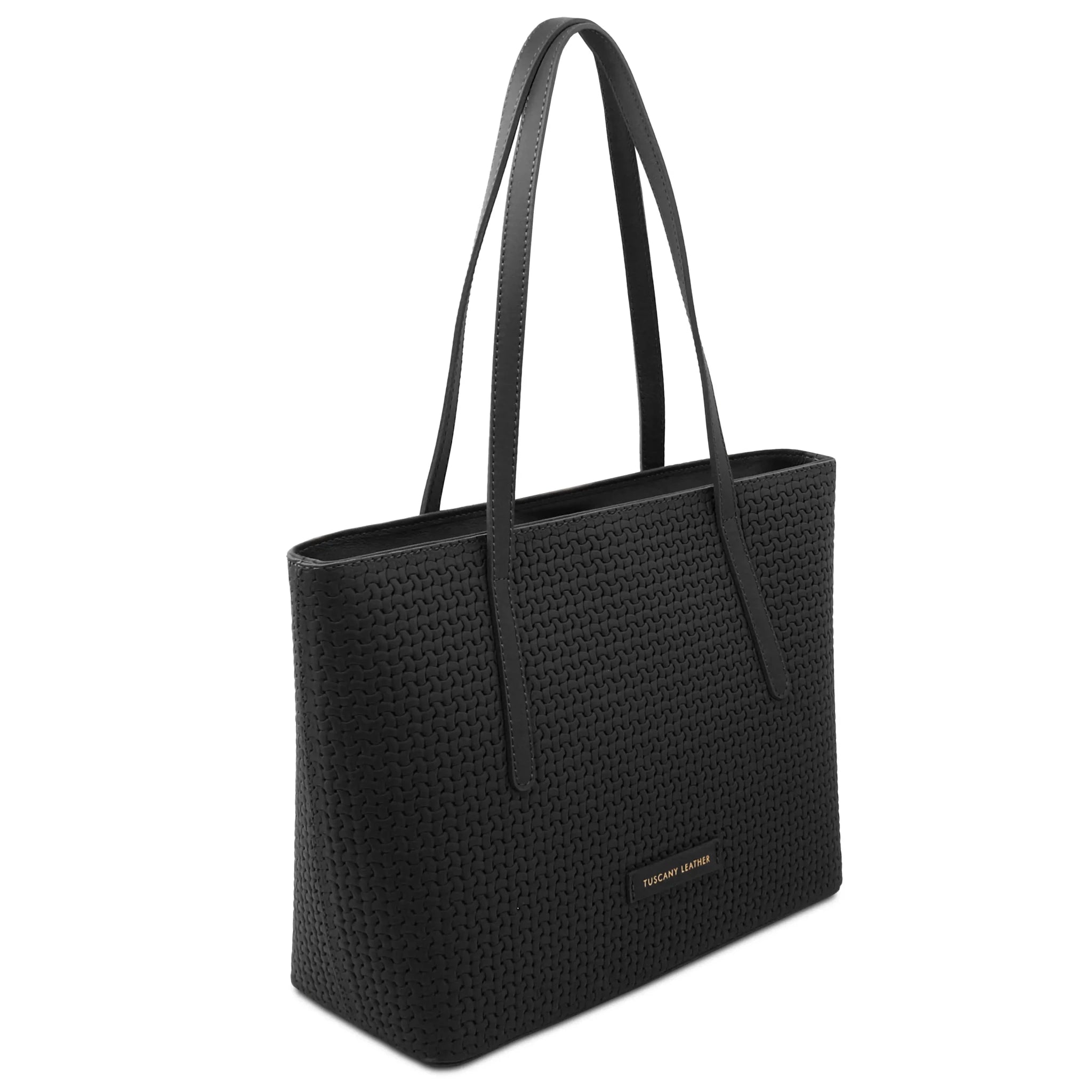 Front angled view Dedalo Woven  Leather Shopping Bag in black