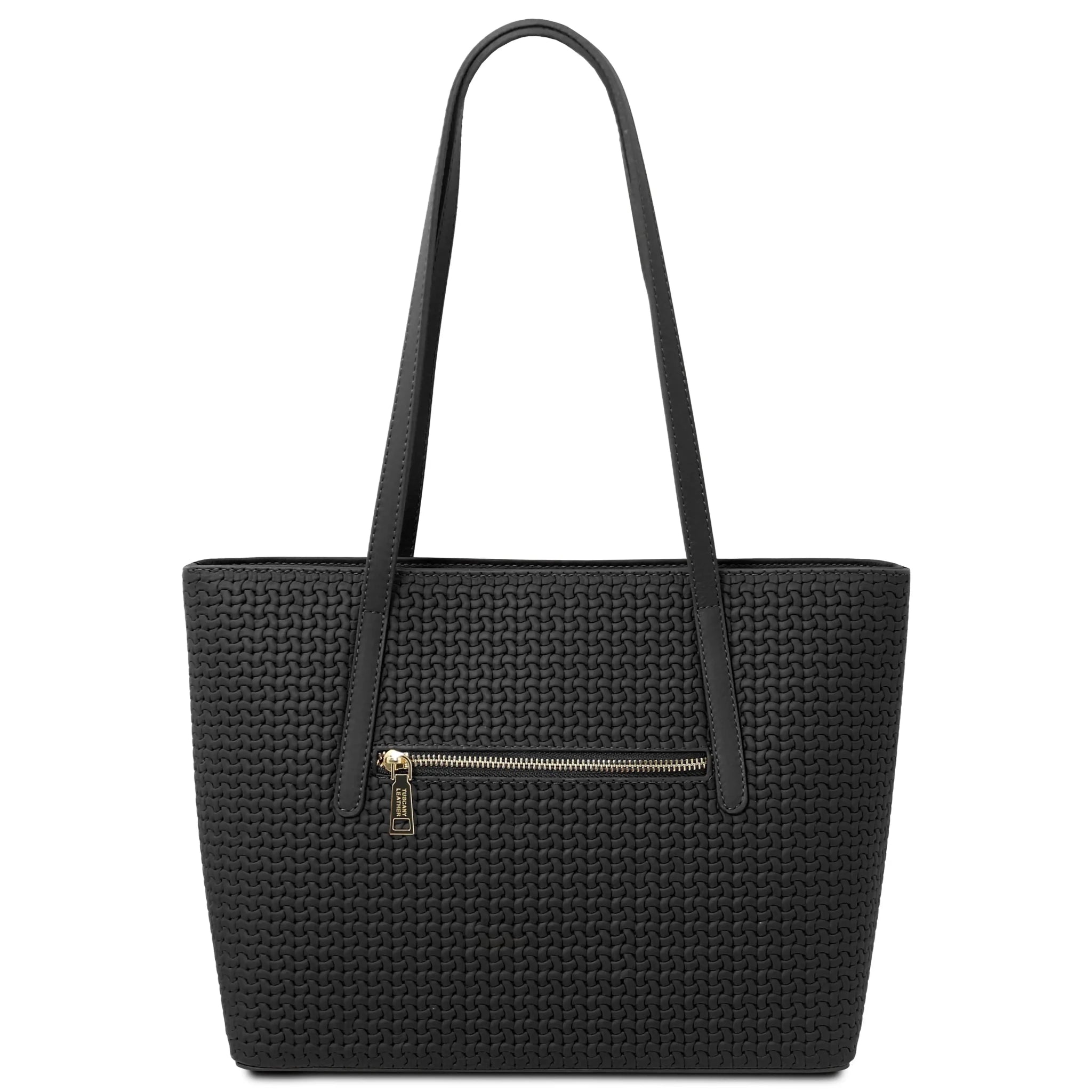 Back view Dedalo Woven  Leather Shopping Bag in black
