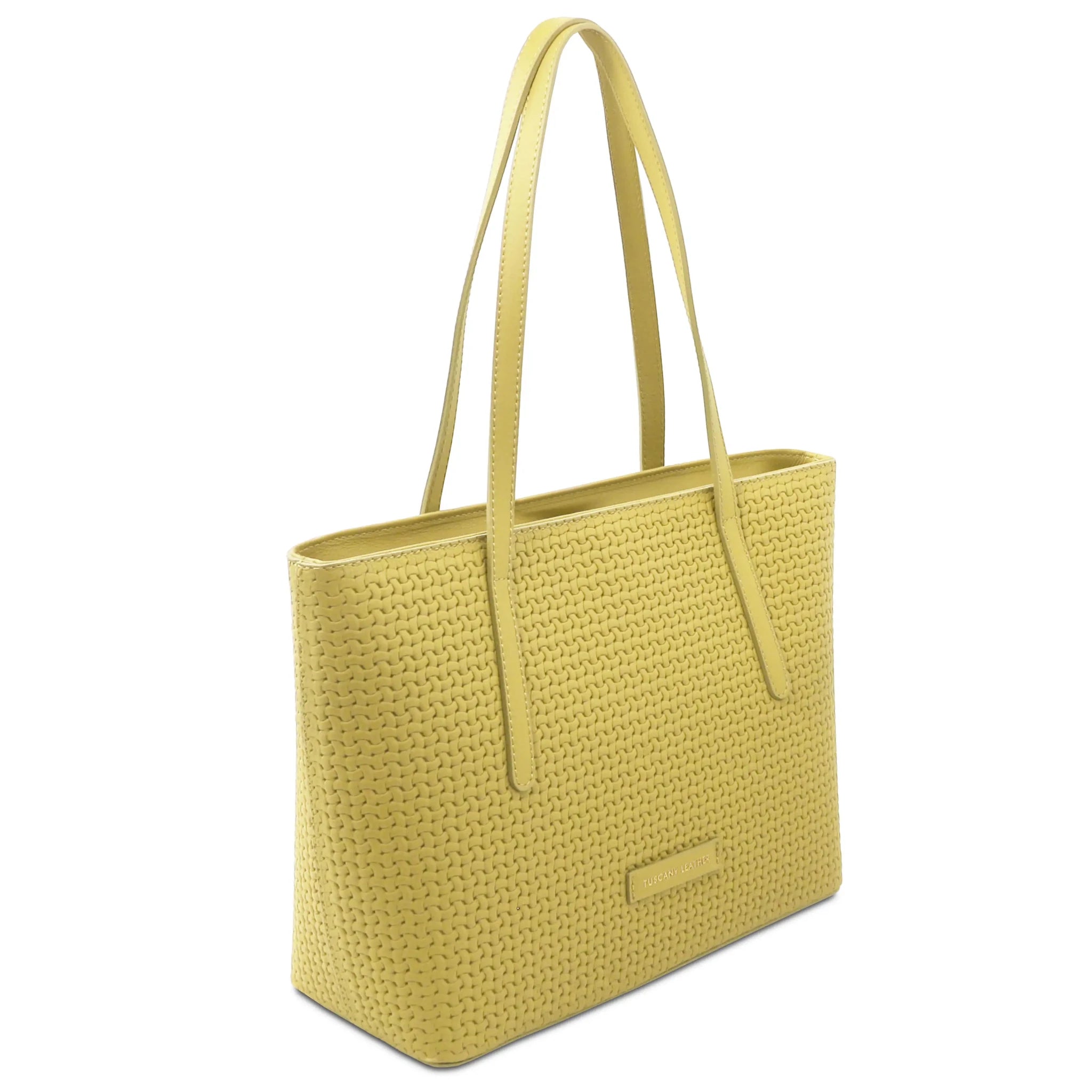 Front angled view Dedalo Woven  Leather Shopping Bag in pastel yellow with gold branding