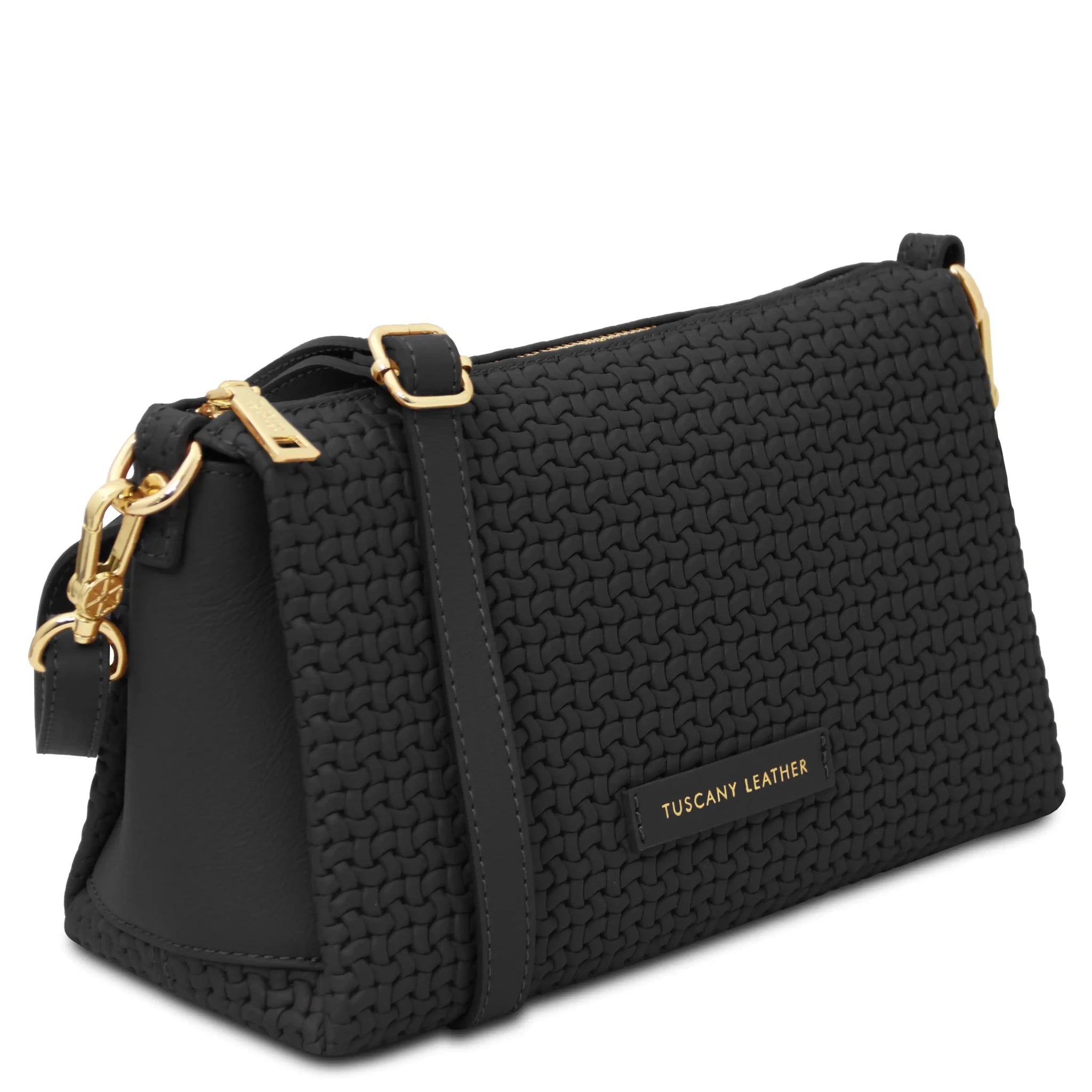 Front angled view Dedalo Woven Leather Shoulder Bag in Black