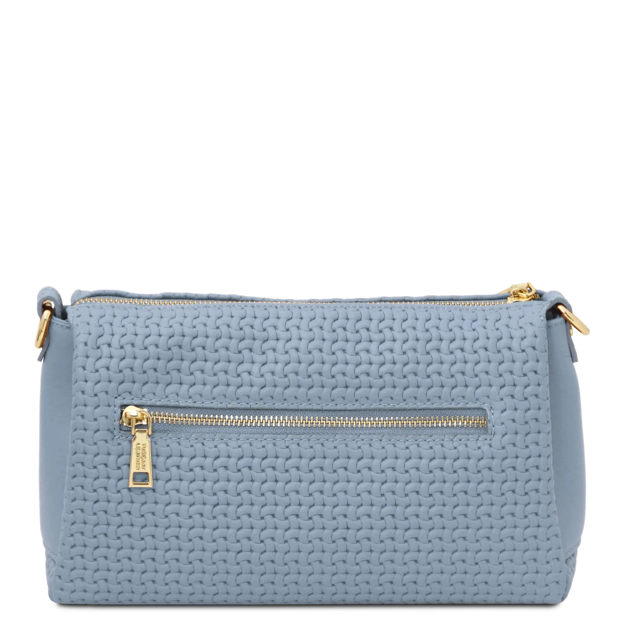 Back zip pocket view Dedalo Italian Leather Shoulder Bag in Light Blue