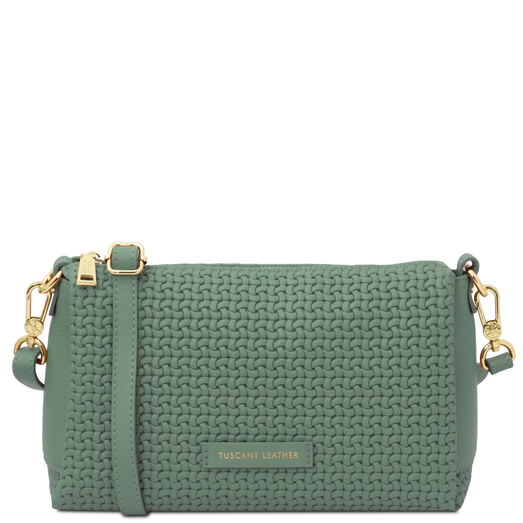 Front view Dedalo Woven Printed Italian Leather Shoulder Bag in Green