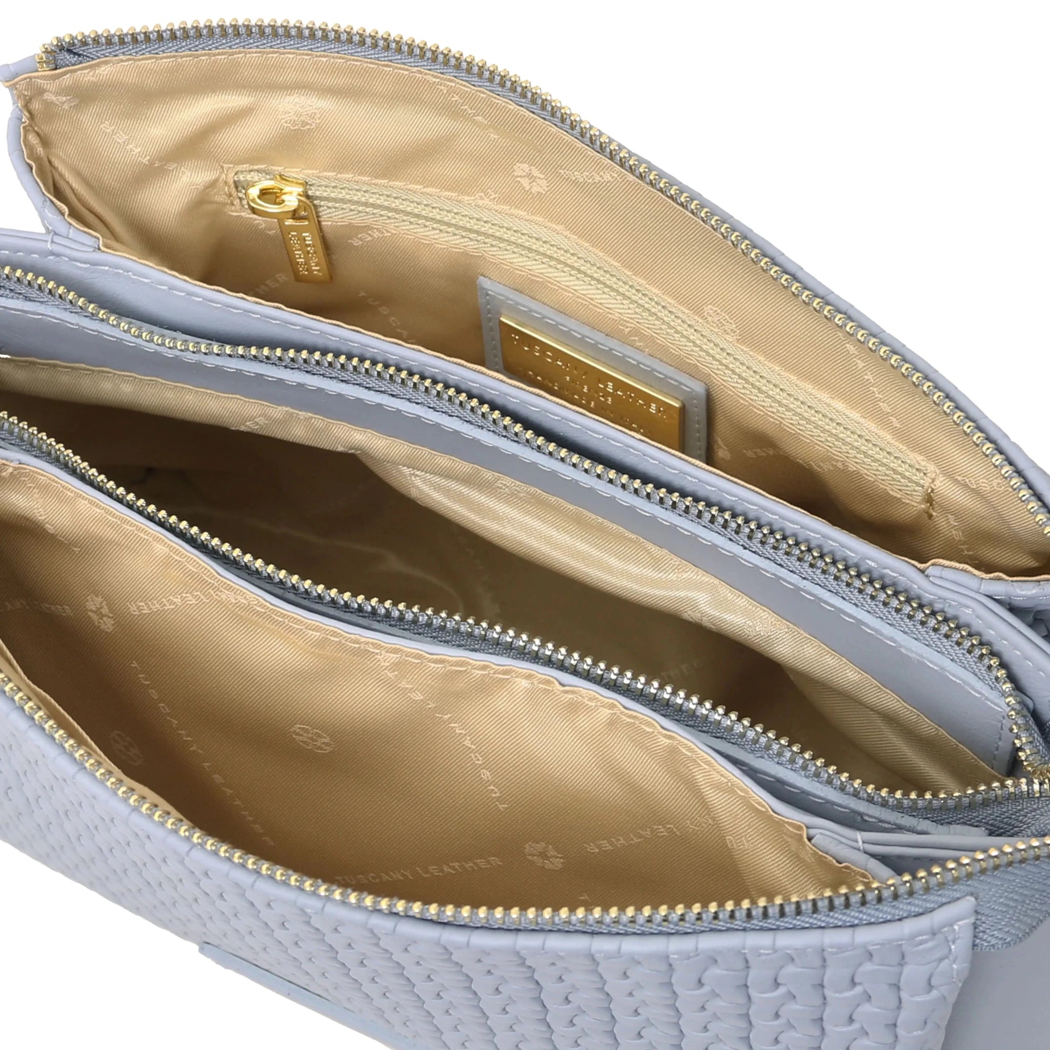 Interior zip pocket beige lining view Dedalo Shoulder Bag in Light Blue