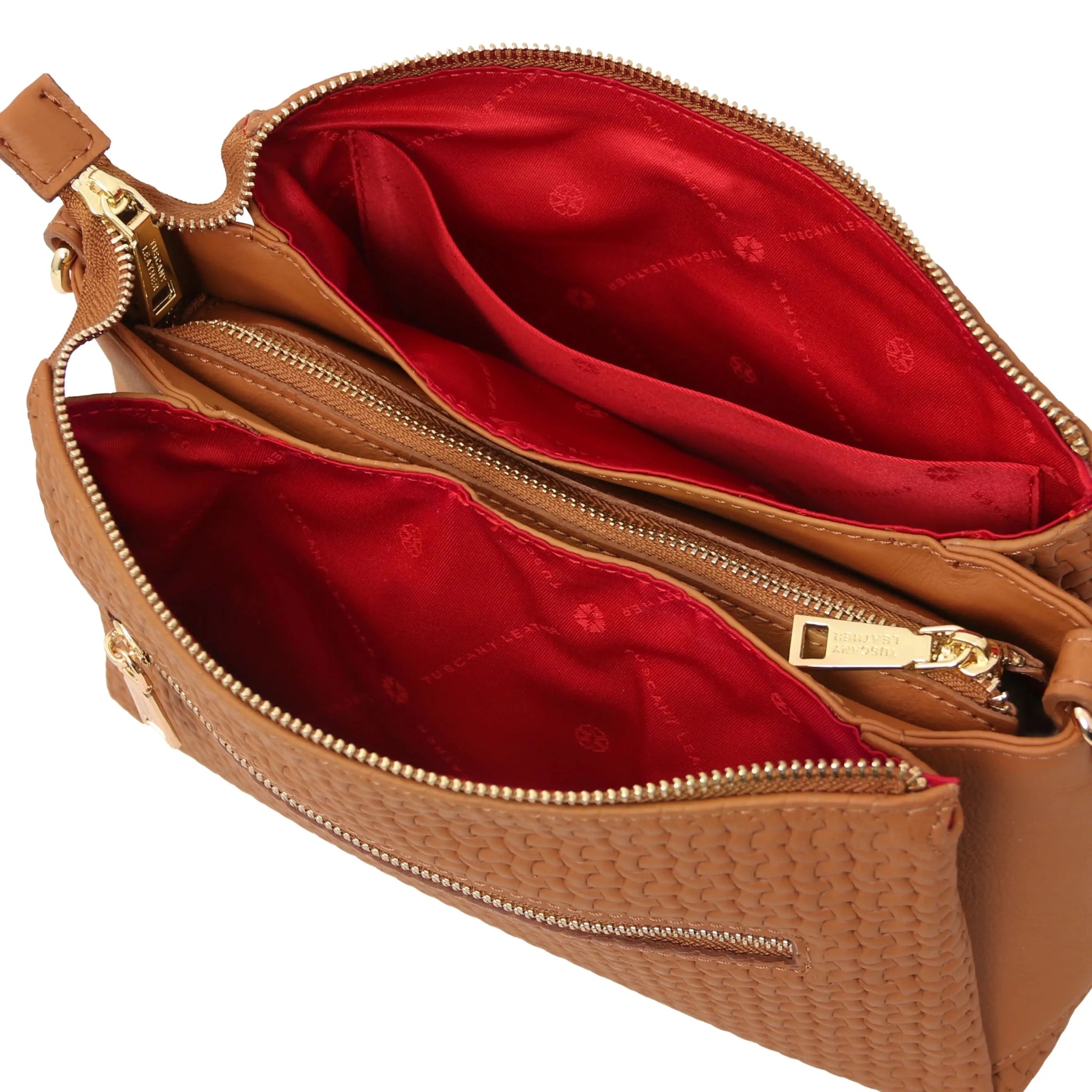 Interior open pocket red lining view Dedalo Shoulder Bag in Cognac