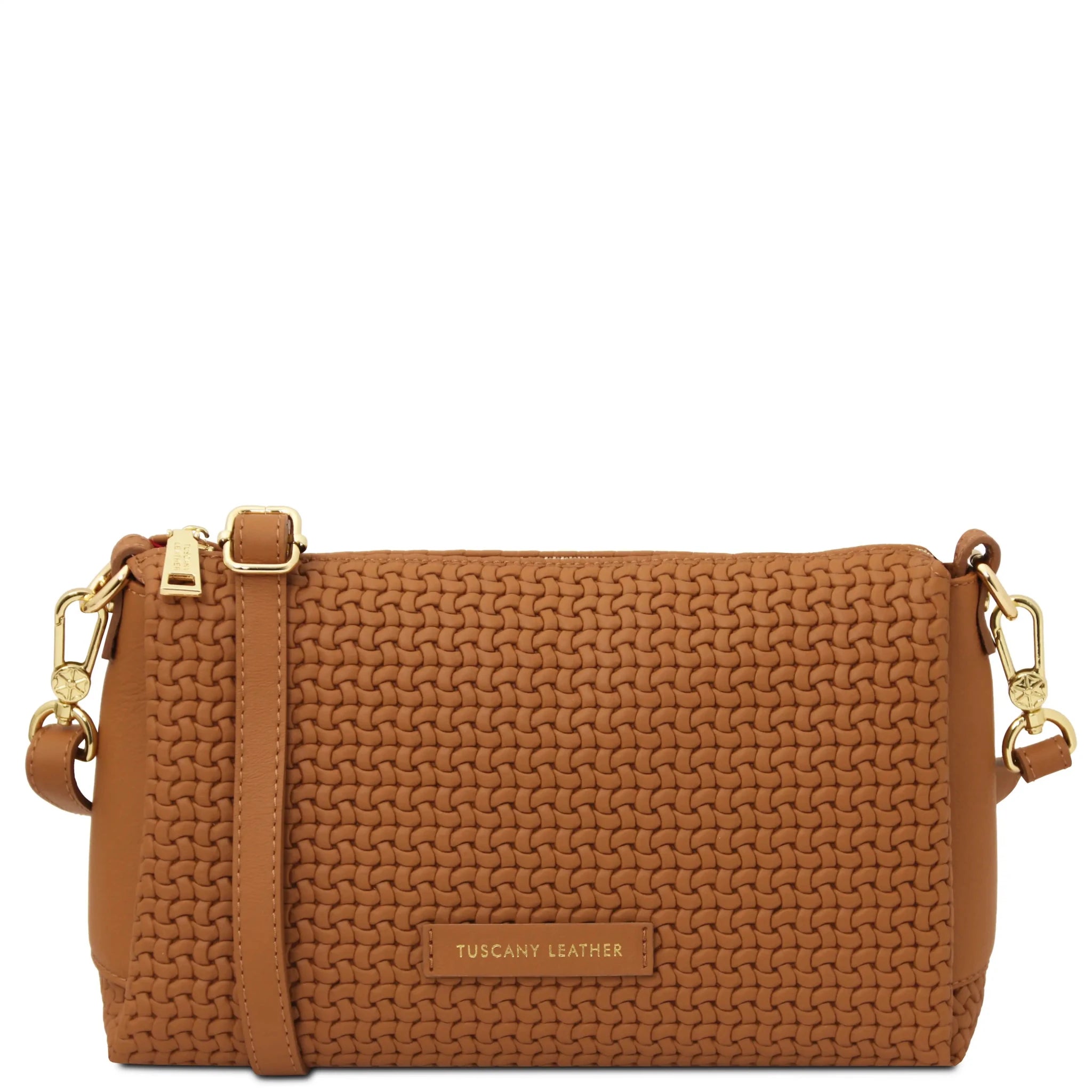 Front view Dedalo Woven Printed Italian Leather Shoulder Bag in Cognac