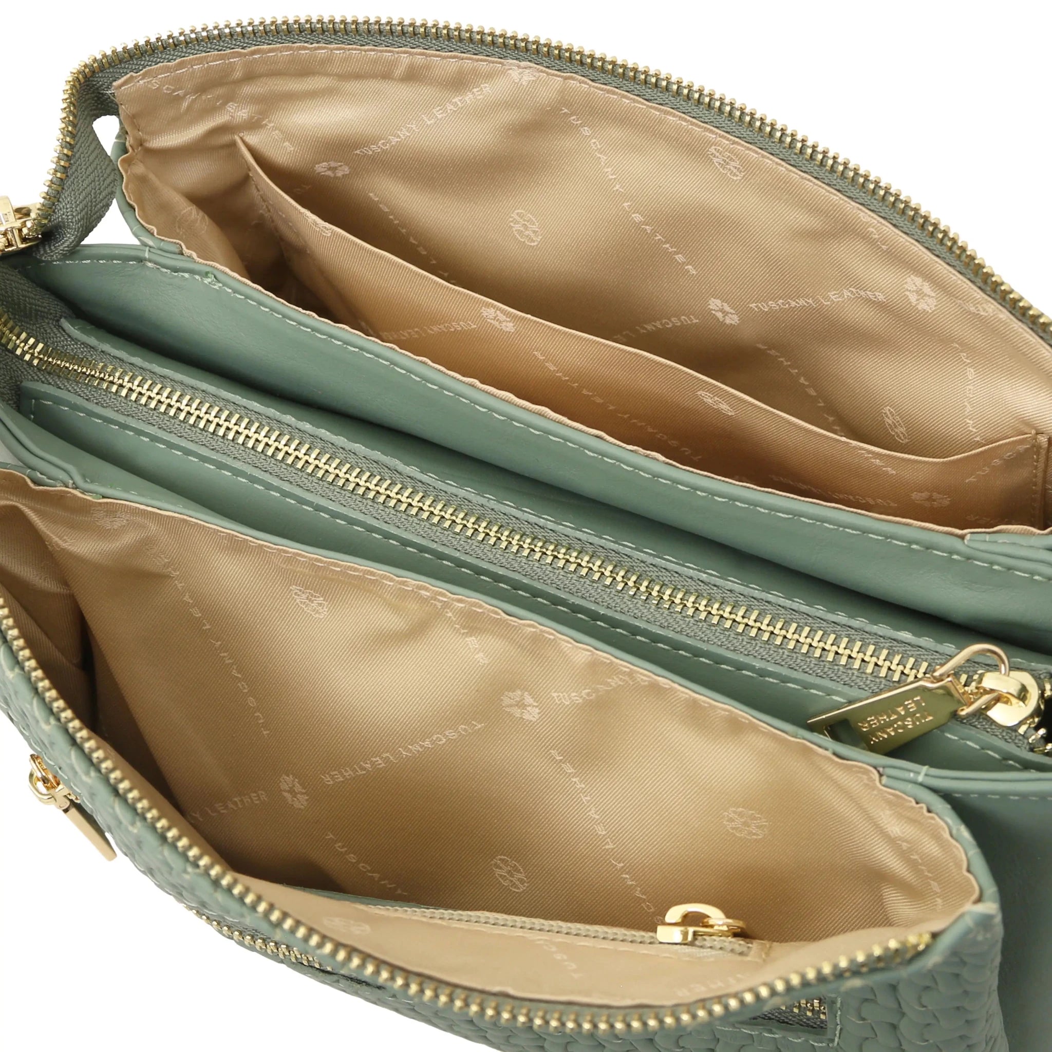 Open pocket beige lining view Dedalo Italian Leather Shoulder Bag in Green