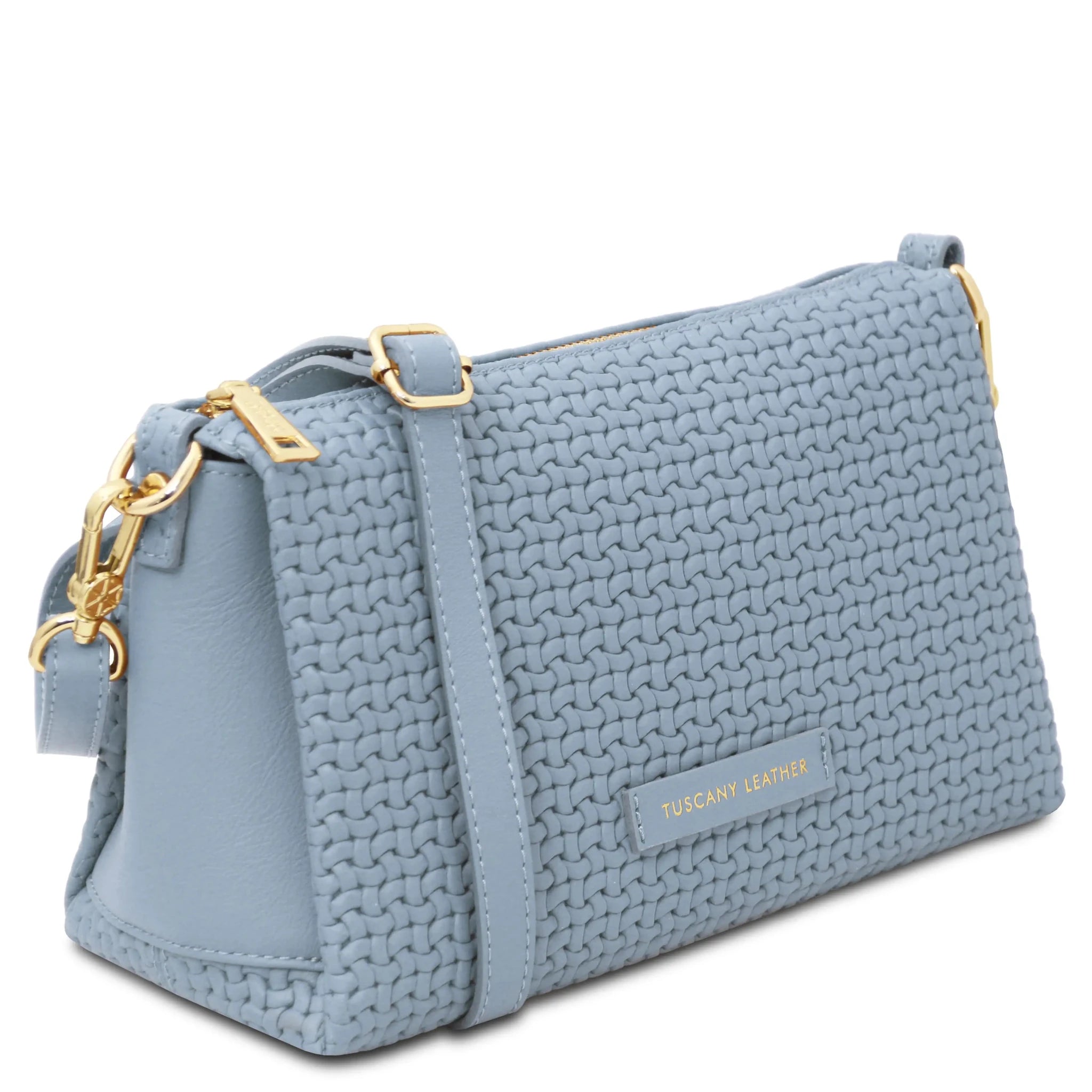 Front angled view Dedalo Woven Leather Shoulder Bag in Light Blue