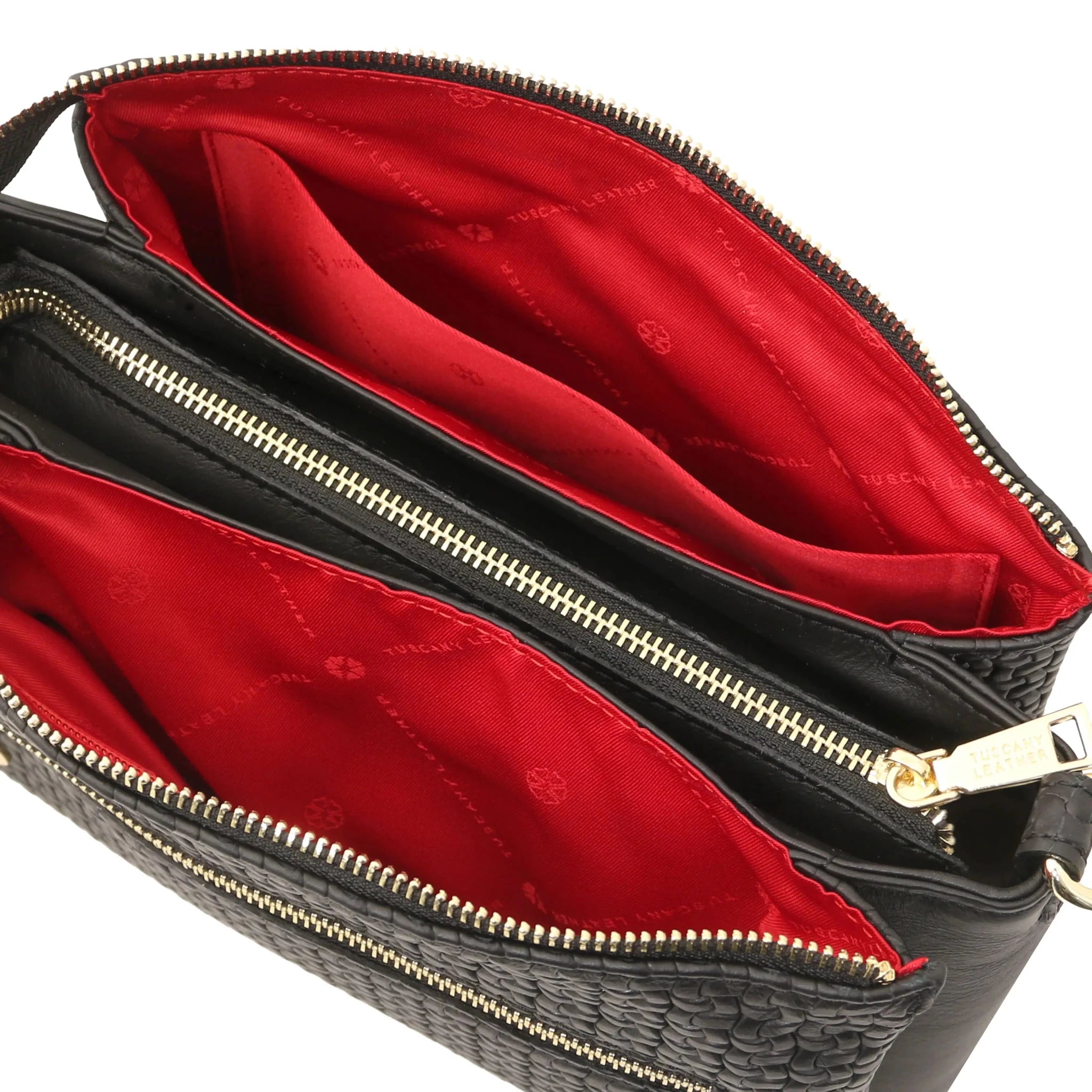 Interior open pocket red lining view Dedalo Leather Shoulder Bag in Black