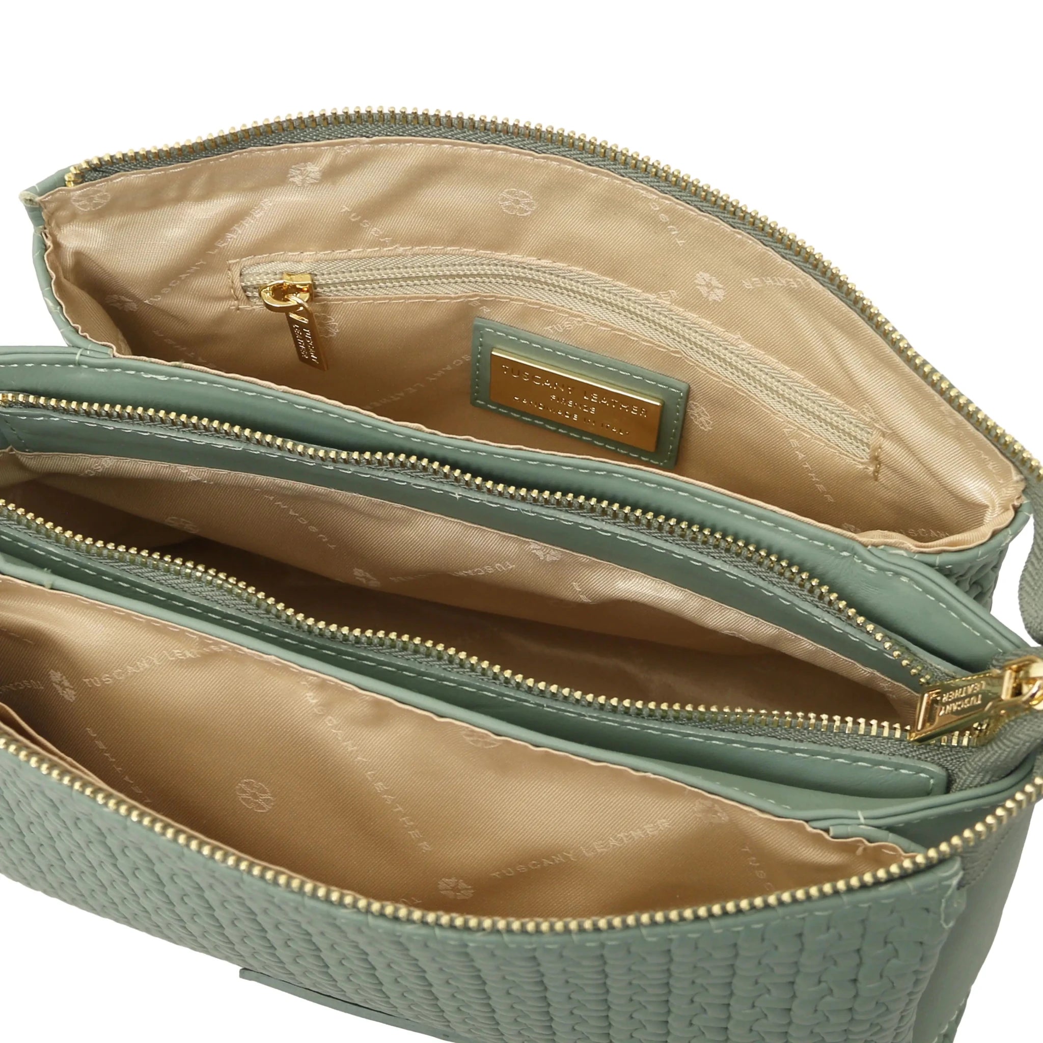 Zip pocket beige lining view Dedalo Italian Leather Shoulder Bag in Green