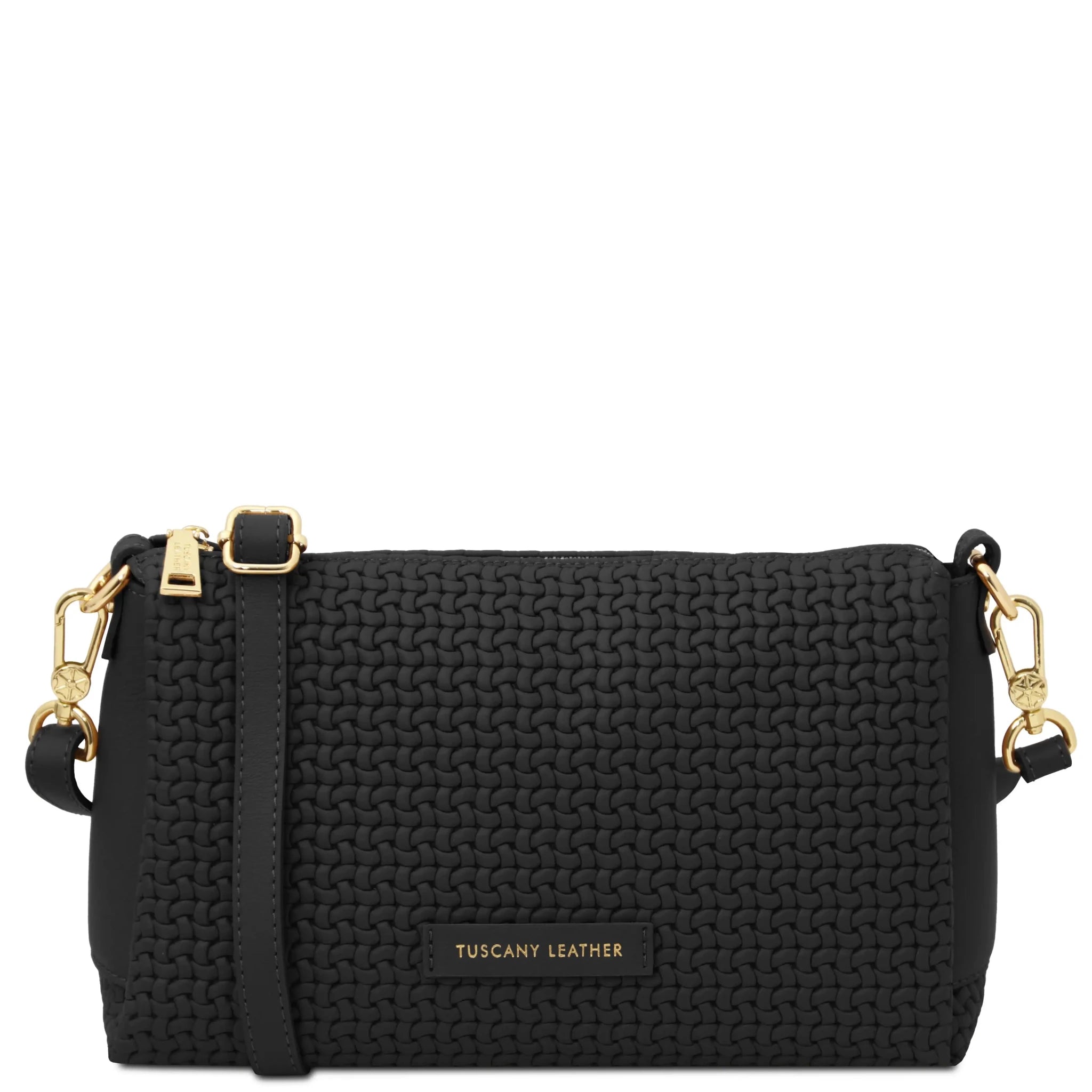 Front view Dedalo Woven Printed Italian Leather Shoulder Bag in Black