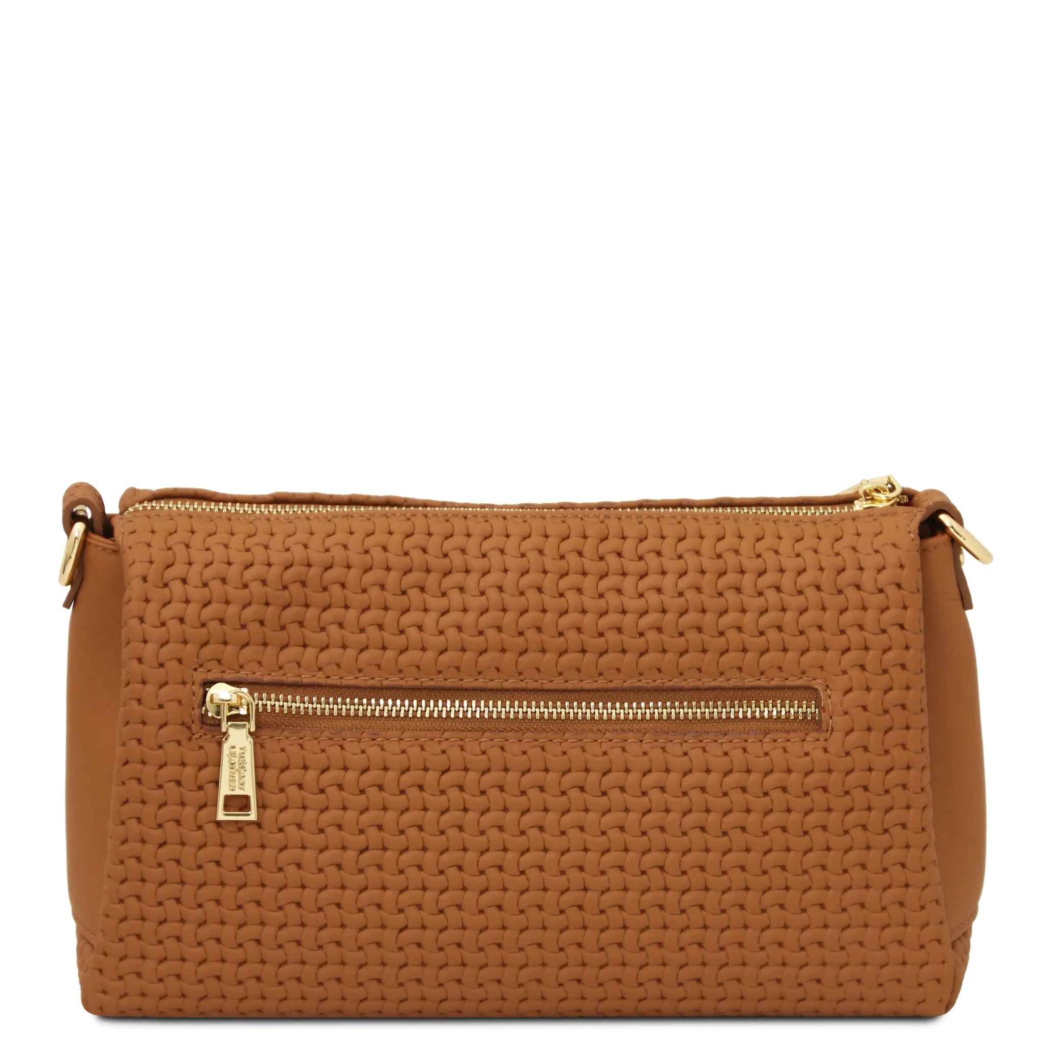 Back zip pocket view Dedalo Italian Leather Shoulder Bag in Cognac