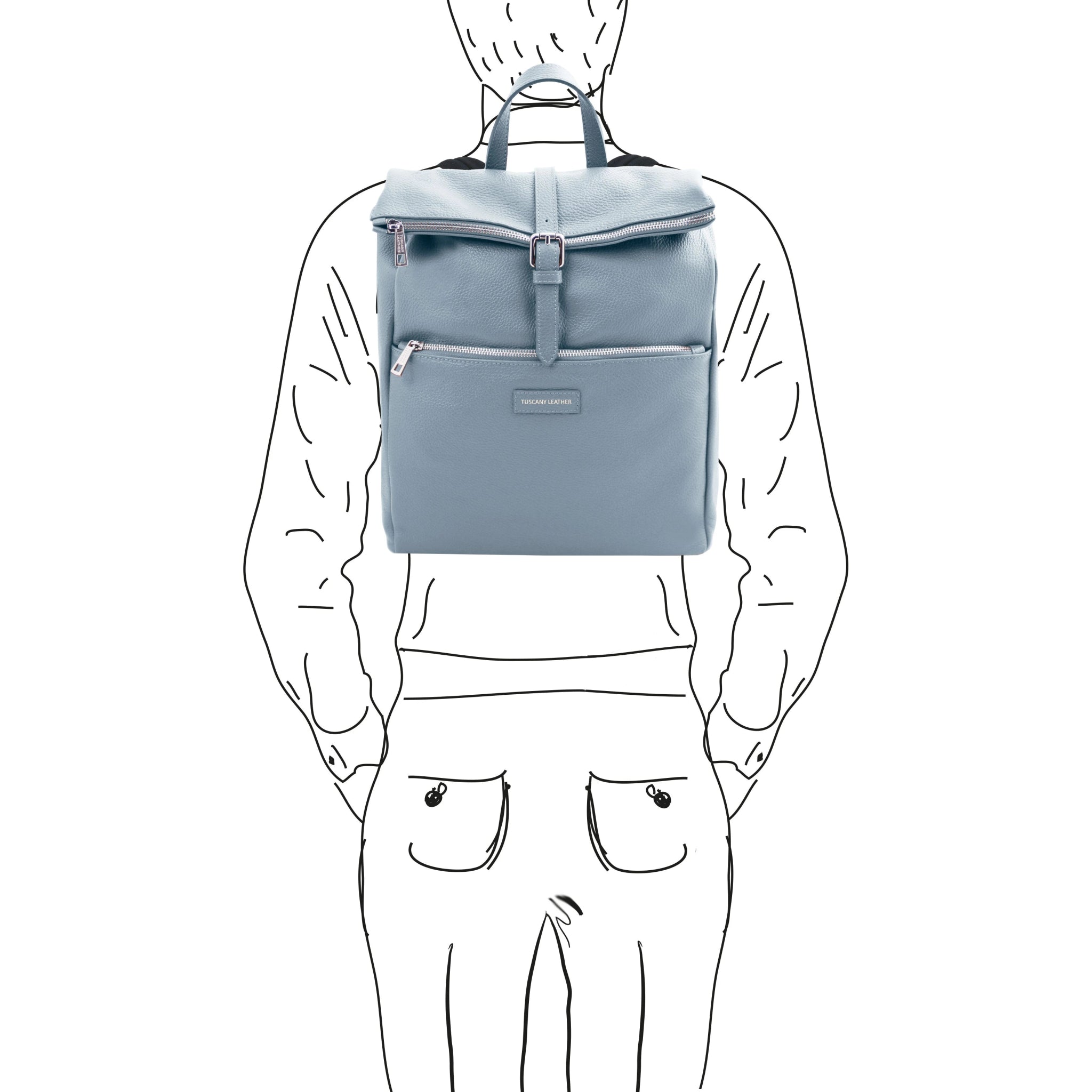 A black and white sketch of a man wearing the Denver Soft Italian Leather Backpack in Light Blue